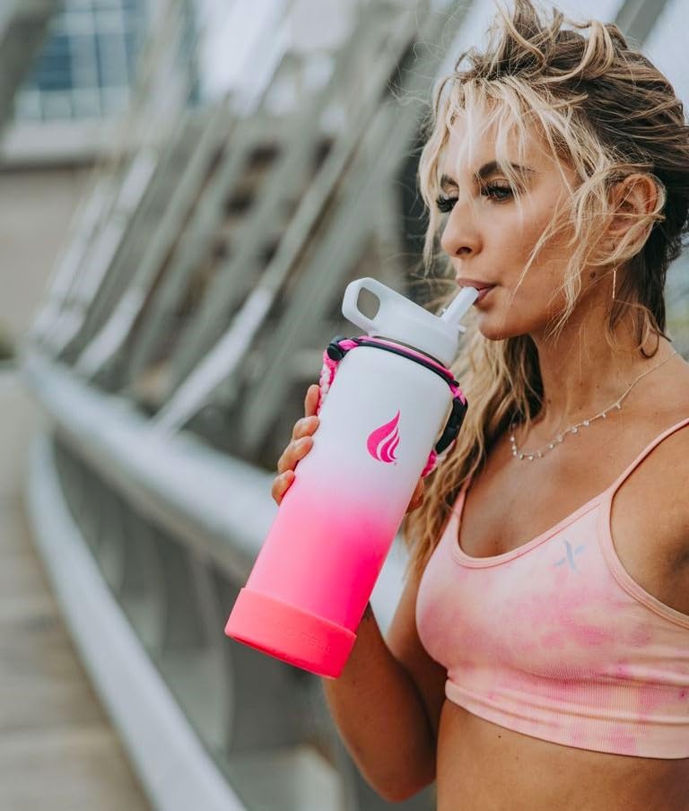 HYDRO CELL Paracord Handle for Wide Mouth Water Bottles - Carrier Strap w/Attachment Ring and Carabiner Accessory. Compatible w/ 64oz, 40oz 32oz, 24oz, 18oz, 14oz Insulated Bottles (White/Pink)