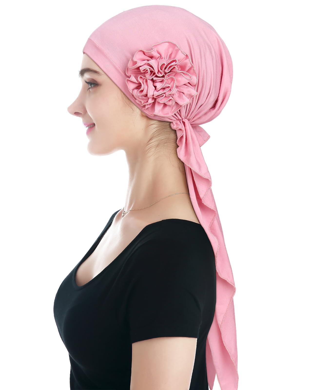 Womens Pre Tied Bandanas Soft Cancer Scarf Hair Cover Hat Pink