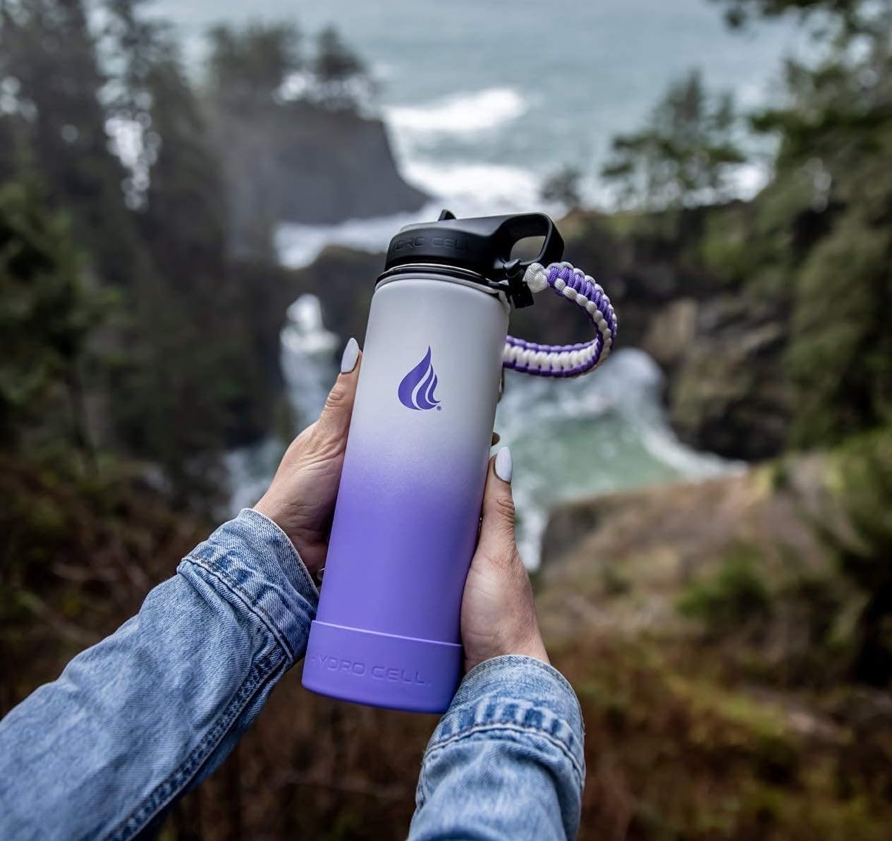 HYDRO CELL Paracord Handle for Wide Mouth Water Bottles - Carrier Strap w/Attachment Ring and Carabiner Accessory. Compatible w/ 64oz, 40oz 32oz, 24oz, 18oz, 14oz Insulated Bottles (Lavender/White)
