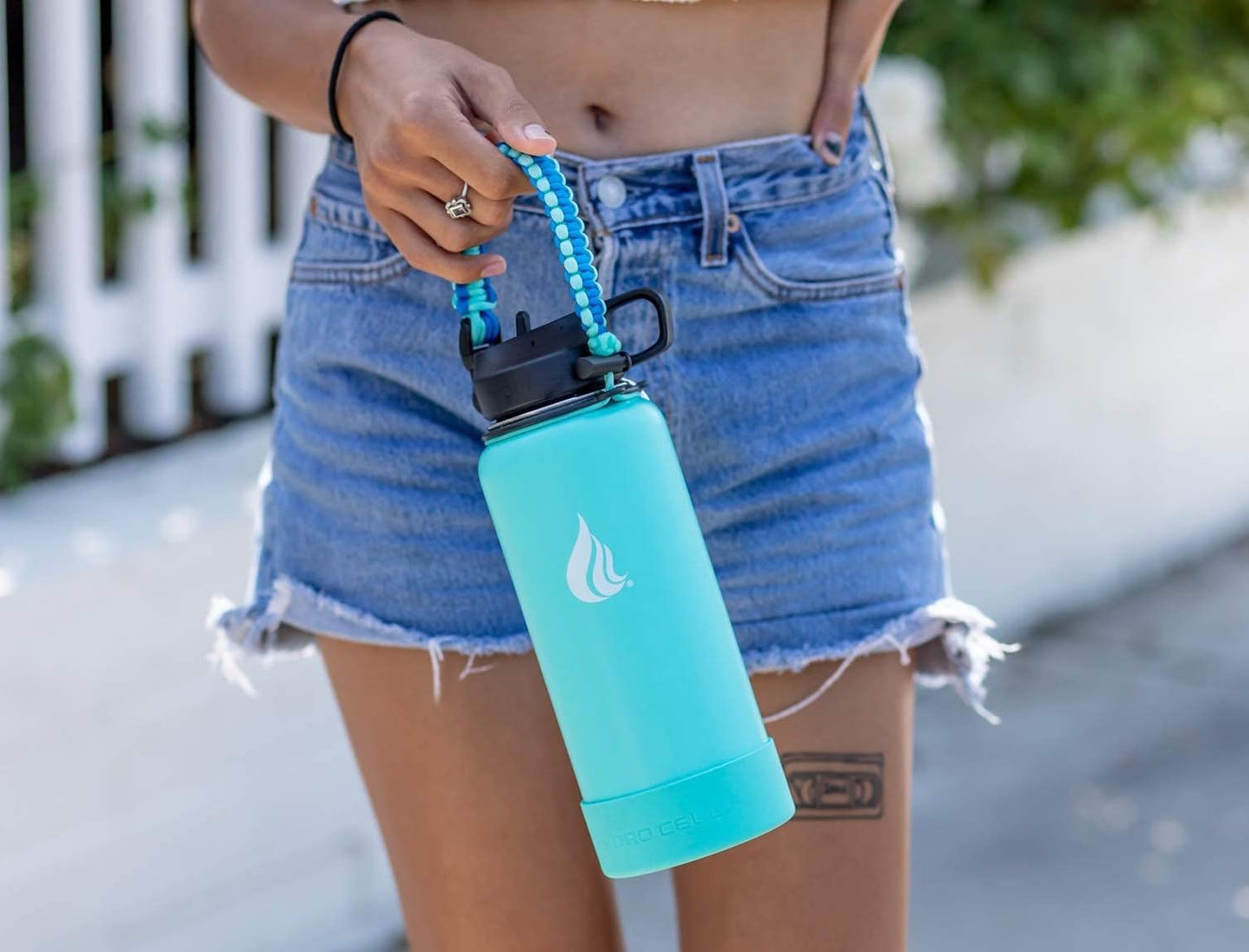 HYDRO CELL Paracord Handle for Wide Mouth Water Bottles - Carrier Strap w/Attachment Ring and Carabiner Accessory. Compatible w/ 64oz, 40oz 32oz, 24oz, 18oz, 14oz Insulated Bottles (Blue/Teal)