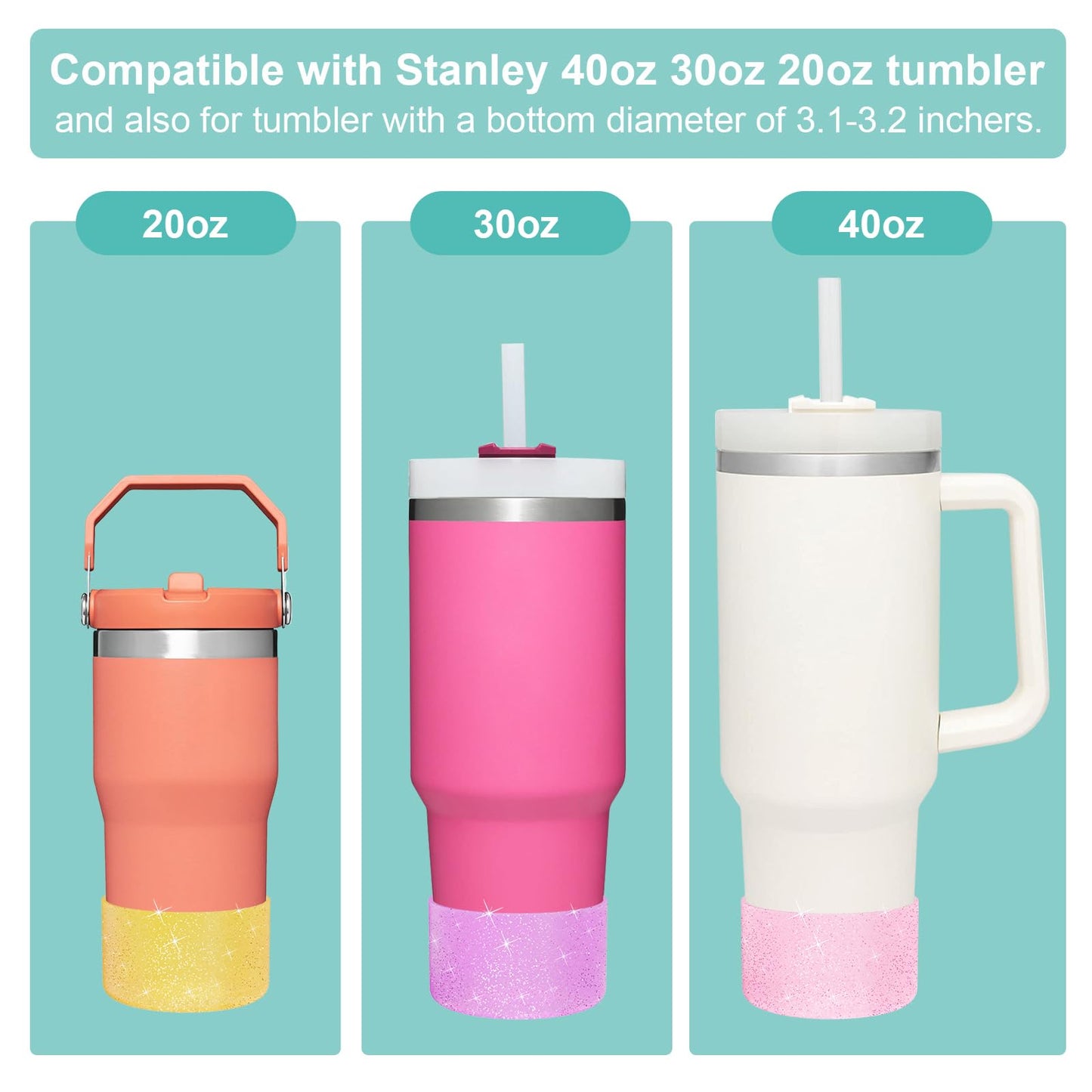 Upgrade 2PCS Protective Silicone Boot Bumper for Stanley Quencher Adventure 40oz 30oz IceFlow 20oz 30oz Tumbler, Water Bottle Bottom Sleeve Cover Accessories for Stanley Mug Cup(Glitter Pink)