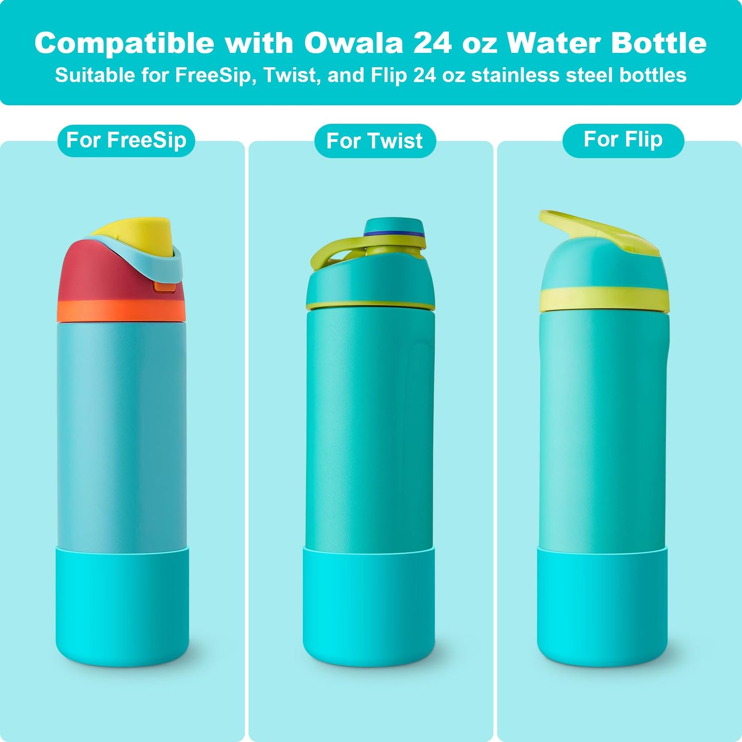 2PCS Silicone Water Bottle Boot for Owala 24 Oz, Alwenid Anti-Slip Protective Sleeve Bottom Bumper Protector for FreeSip, Twist, and Flip Stainless Steel Water Bottles (Blue)