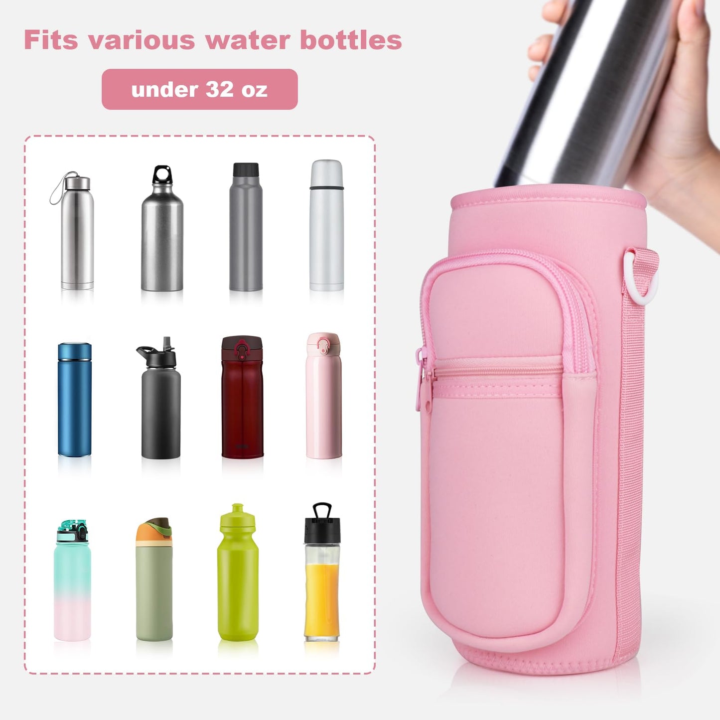 Bstge Water Bottle Holder with Strap, Water Bottle Carrier Bag with Phone Pocket, Shoulder Hand Strap Insulated Neoprene 32 oz Water Bottle Sleeve for Walking Hiking Camping Gym(Pink)