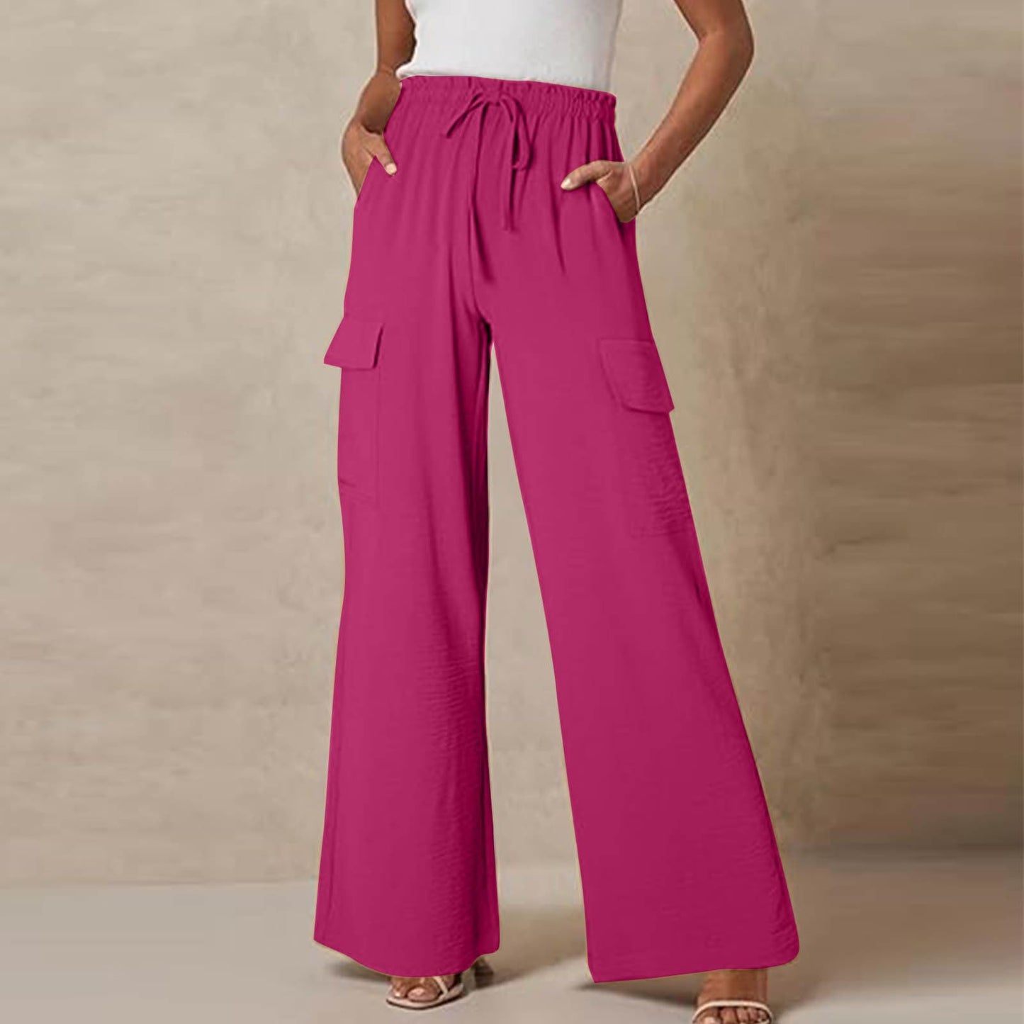 Turilly Women's Pants Baggy Loose Wide Leg Comfy Soft Pants Casual Drawstring Elastic Waisted Work Pants with Side Pockets Hot Pink