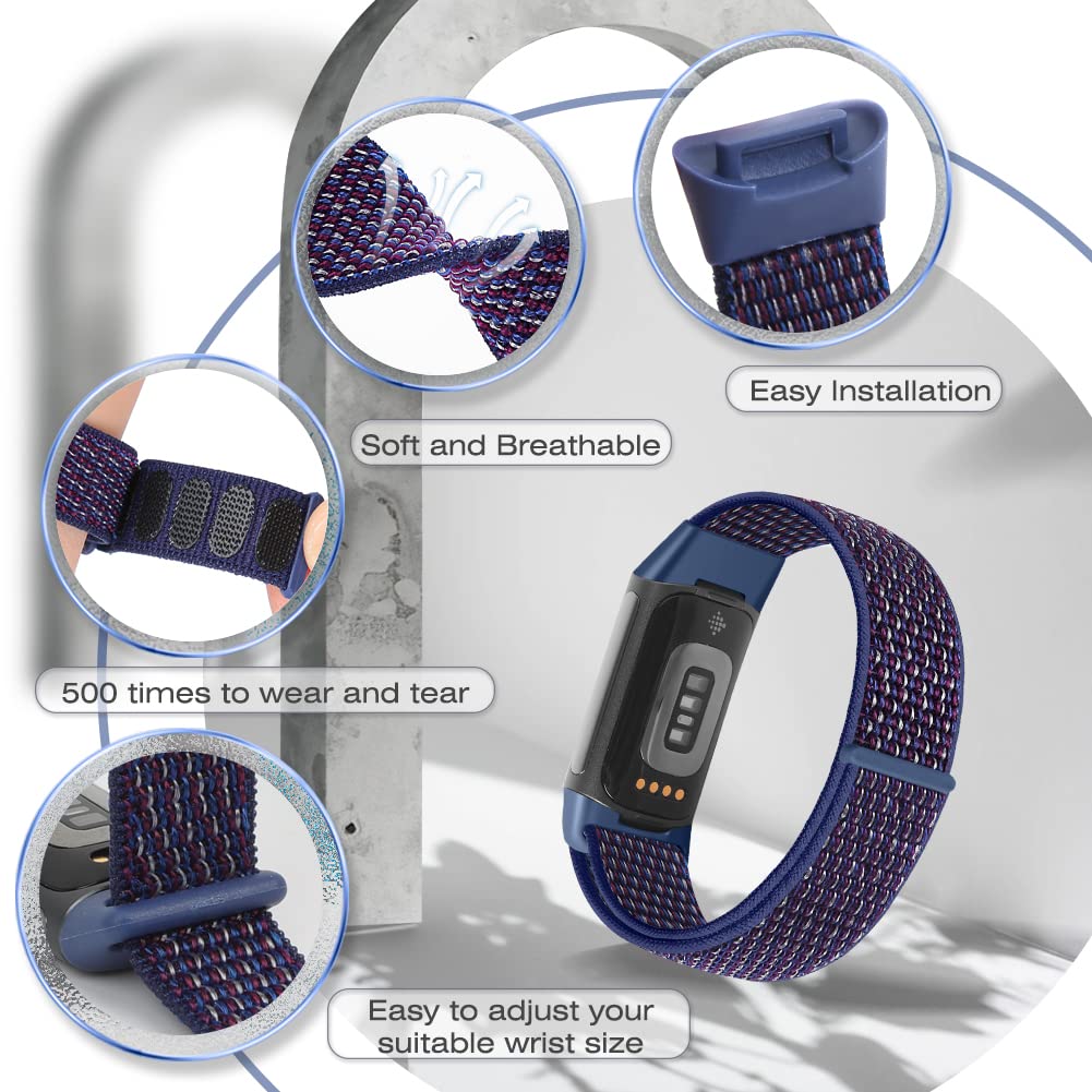 AVOD Sport Loop Nylon Watch Bands Compatible with Fitbit Charge 6/Charge 5 for Women Men, Adjustable Breathable Replacement Soft Nylon Loop Wristband for Fitbit Charge 6/Fitbit Charge 5