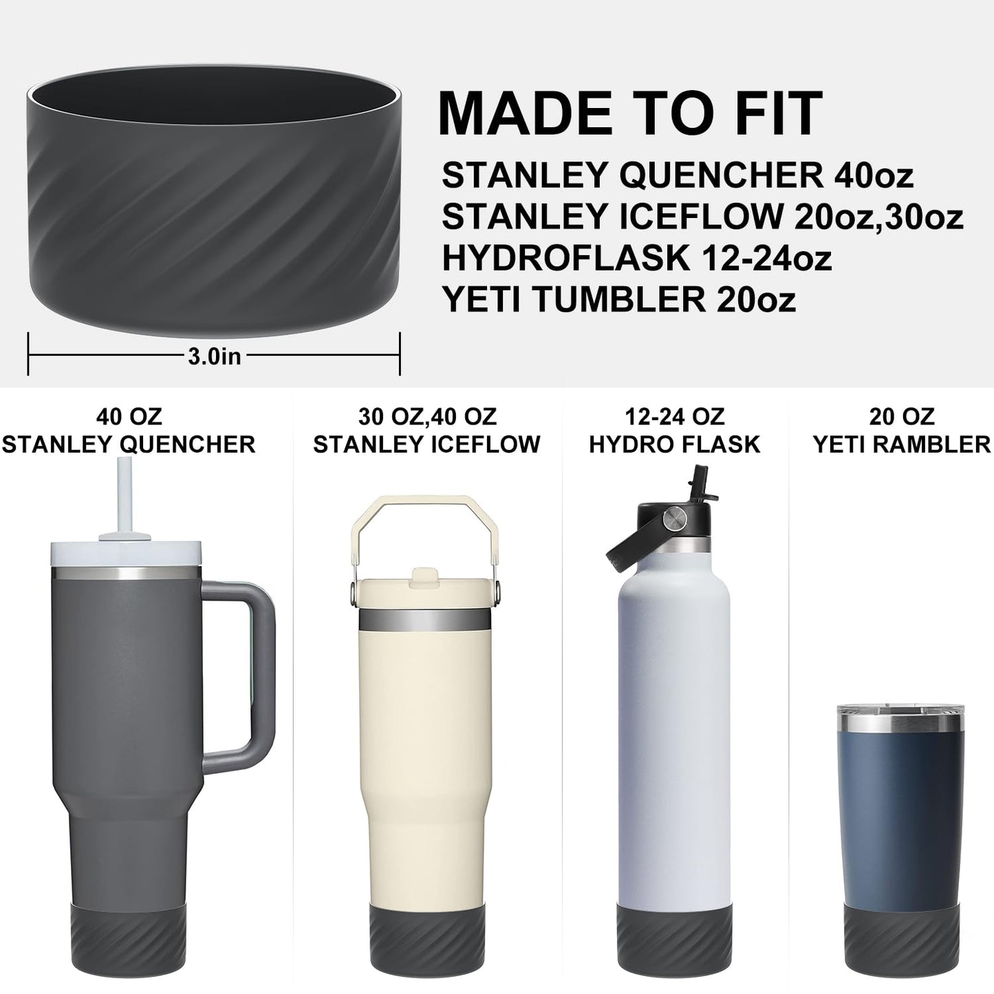 Affute Protective Silicone Boot for Stanley Quencher H2.0 40 oz & IceFlow Flip 20 oz 30 oz and hydroflask 12-24 oz, Anti-Slip Bottle Bottom Sleeve Cover (Charcoal)