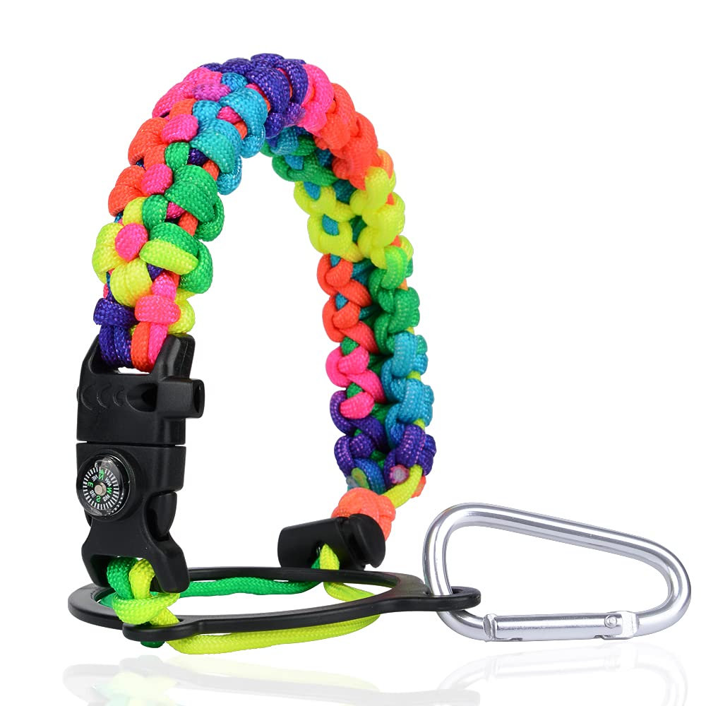 Paracord Handle - Fits Wide Mouth Bottles 12oz to 64oz - Durable Carrier, Paracord Carrier Strap Cord with Safety Ring,Compass and Carabiner - Ideal Water Bottle Handle Strap (Dark rainbow Flower)