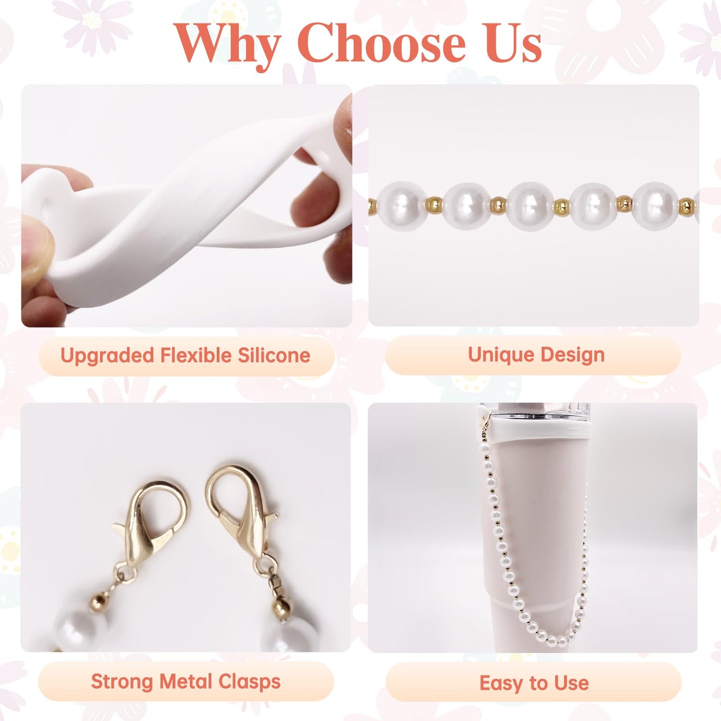 Lingdeer Water Bottle Handle with Lip Balm Holder, Pearl Water Bottle Sling Holder Lanyard, Carrier with Strap, Fits Most 8-40oz Bottles, Compatible with Stanley Cup Accessories