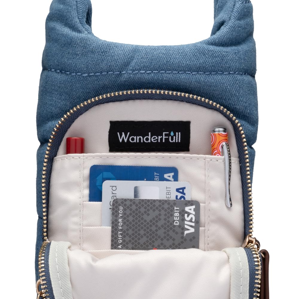 WanderFull Original Crossbody HydroBag | Quilted Water Bottle Carrier & Adjustable Vegan Leather Strap | Denim Tote with Two Pockets for Phone & Accessories | Carry Travel Essentials (Blue)