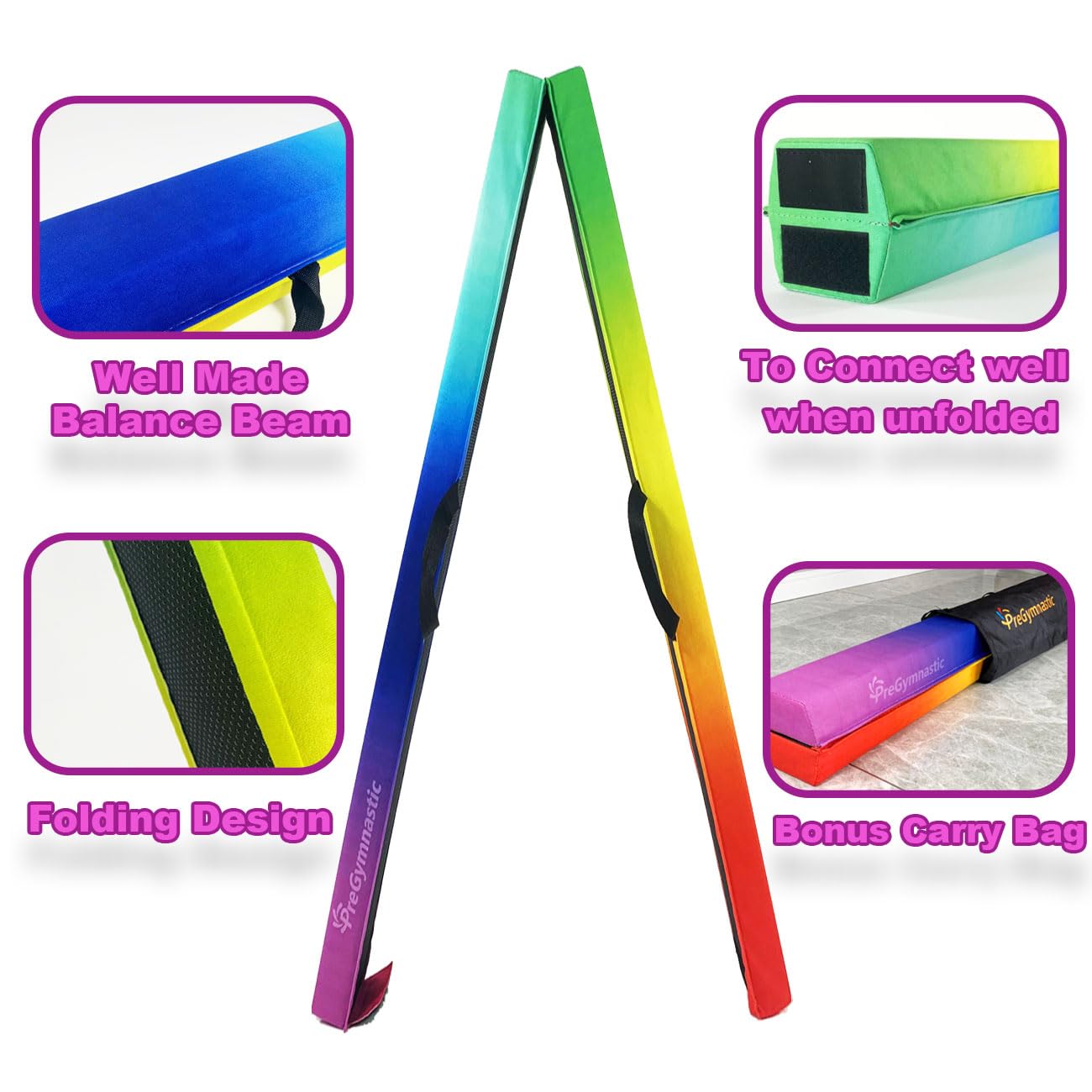 PreGymnastic 6FT/8FT/9.5FT Folding Balance Beam for Kids 3-12,Foldable Gymnastics Floor Beam-Extra Firm Suede Cover with Carry Bag for Home-Gym Equipment for Toddler Teenage (Rainbow, 6FT)