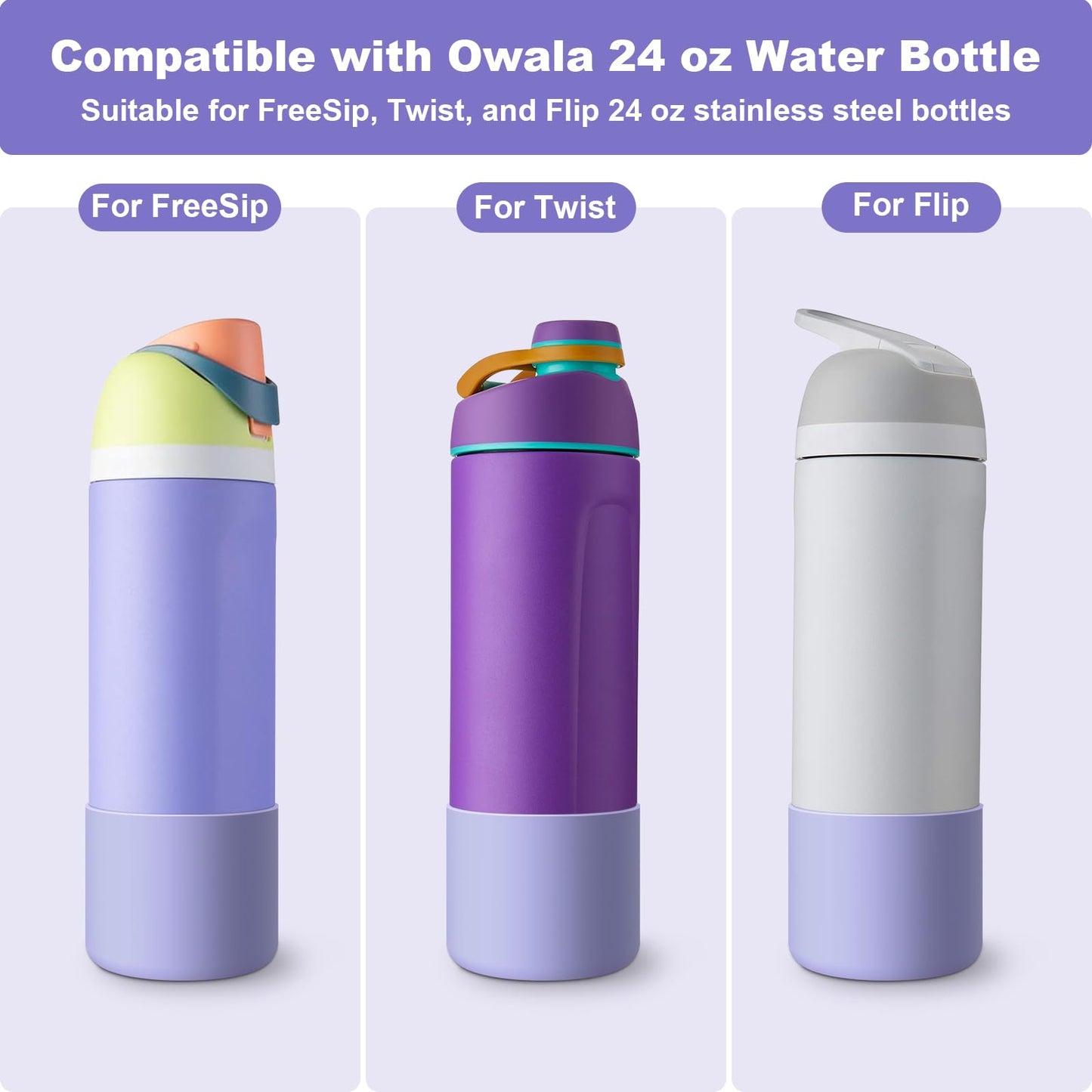 2PCS Silicone Water Bottle Boot for Owala 24 Oz, Alwenid Anti-Slip Protective Sleeve Bottom Bumper Protector for FreeSip, Twist, and Flip Stainless Steel Water Bottles (Purple)
