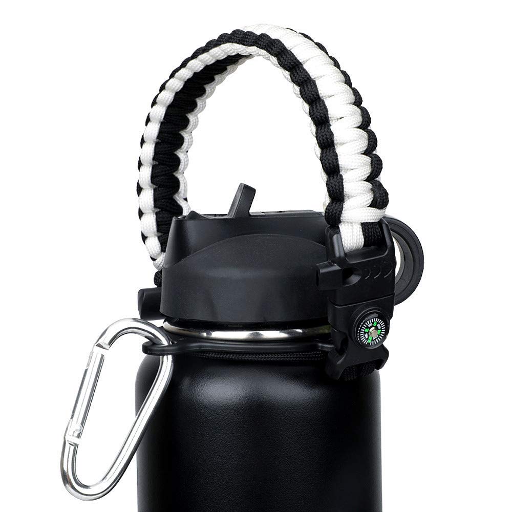 Paracord Handle - Fits Wide Mouth Bottles 12oz to 64oz - Durable Carrier, Paracord Carrier Strap Cord with Safety Ring,Compass and Carabiner - Ideal Water Bottle Handle Strap (White/Black)