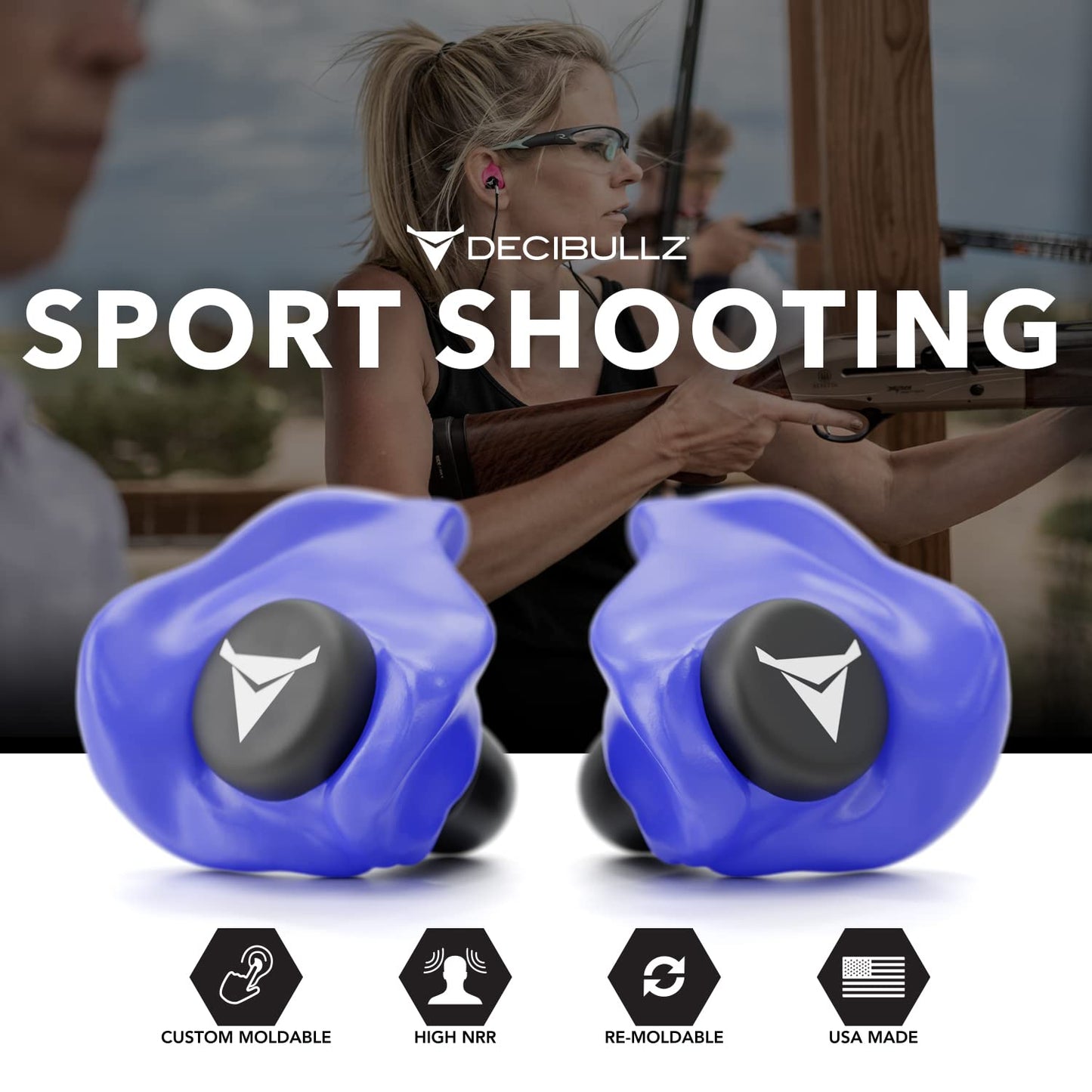 Decibullz - Custom Molded Earplugs, 31dB Highest NRR, Comfortable Hearing Protection for Shooting, Travel, Swimming, Work and Concerts (Blue)