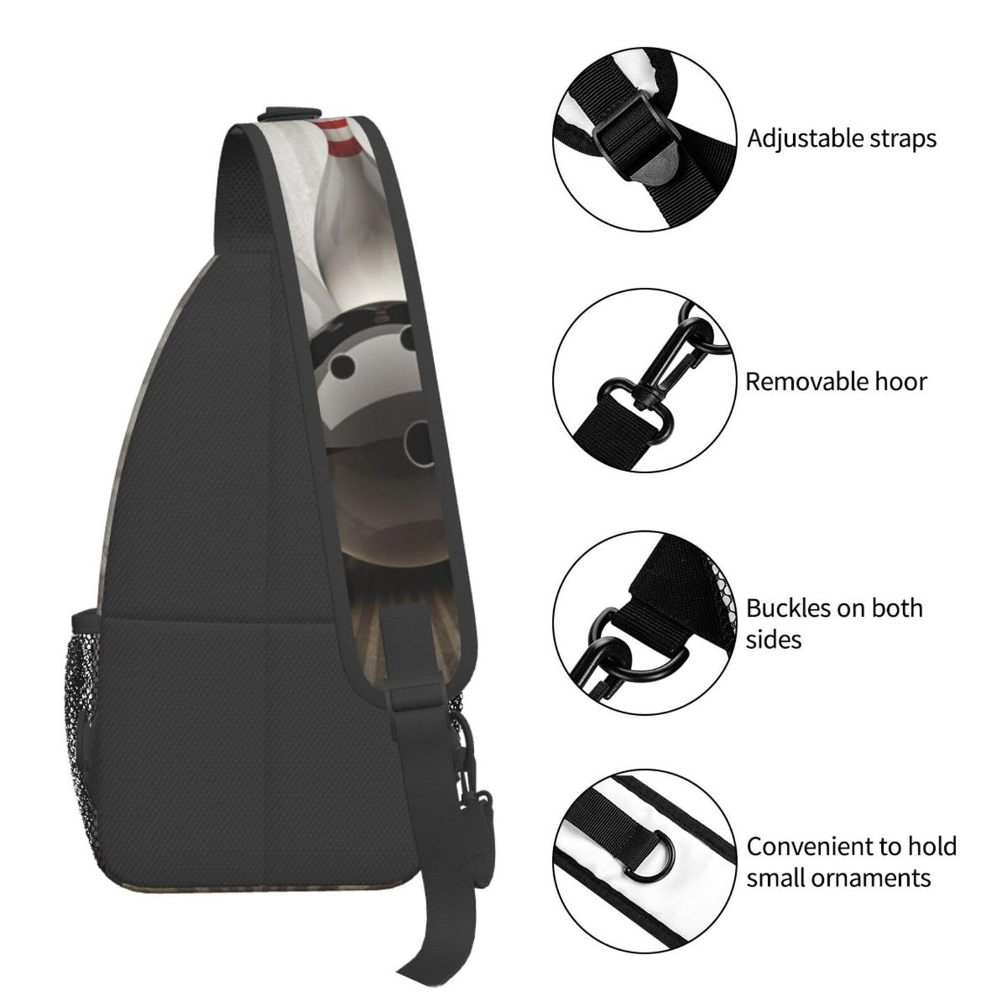 NISENASU Ball Print Sling Bag Crossbody Backpack,Sports Theme Bowling Ball Knocked Down Bowling Pins Ball Team Popular Art Chest Bag Adjustable Casual Shoulder Bag Travel Hiking Daypack