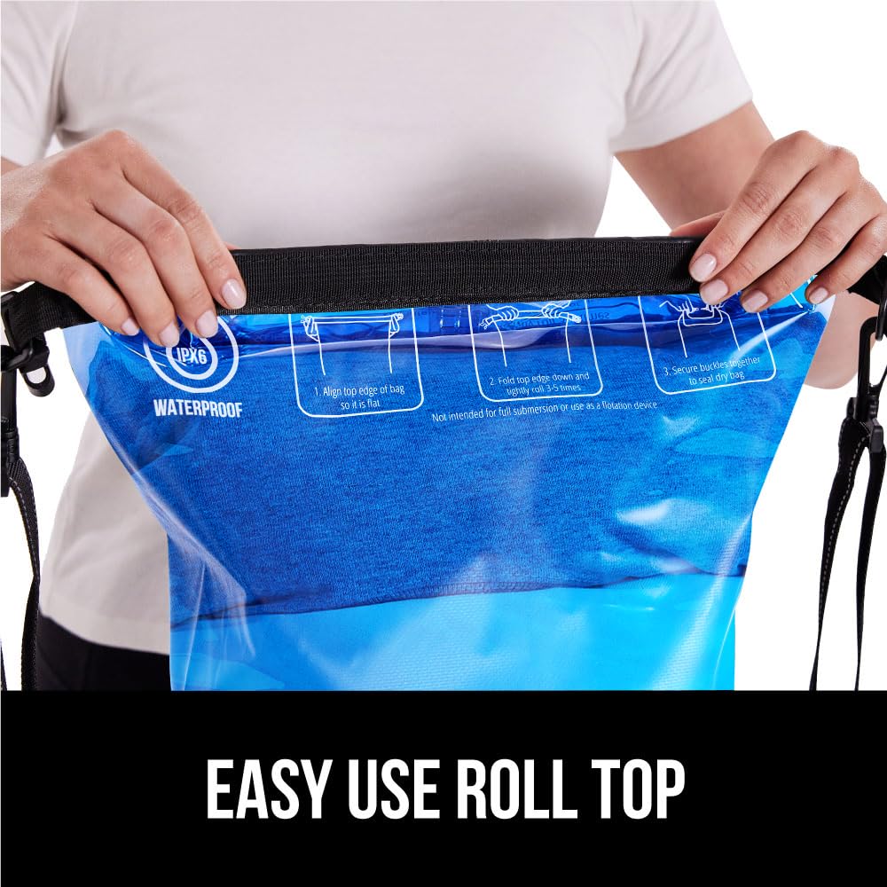 Gorilla Gear Heavy Duty 100% Waterproof IPX 6 Dry Bag, Tear and Puncture Resistant Bags, Kayaking Boating Hiking Camping Swimming Water Sports, Lightweight Outdoor Wet Storage Backpack, 5L Clear Blue