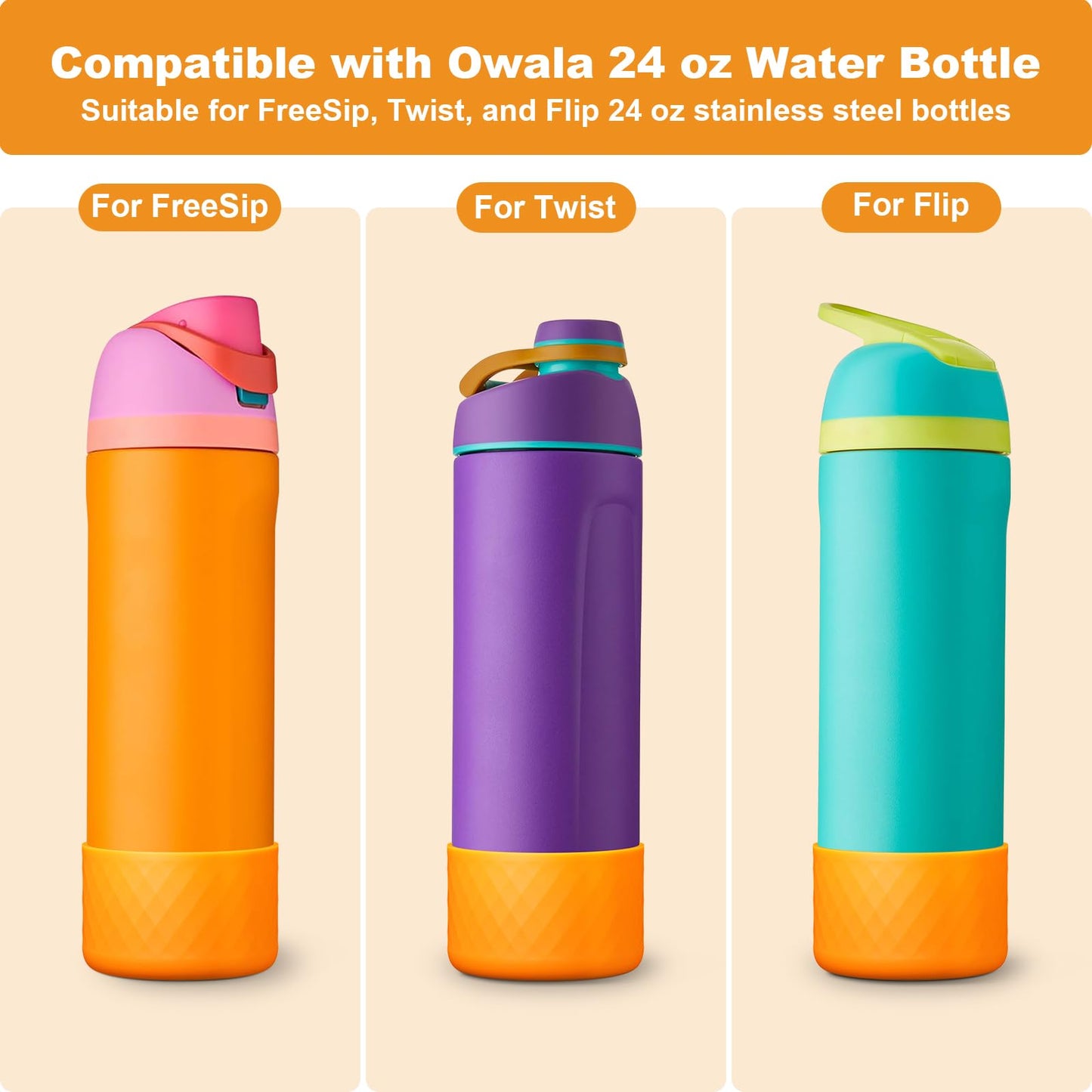 Alwenid 2PCS Silicone Water Bottle Boot for Owala 24 Oz, Anti-Slip Protective Sleeve Bottom Bumper Protector for FreeSip, Twist, and Flip Stainless Steel Water Bottles (Orange)