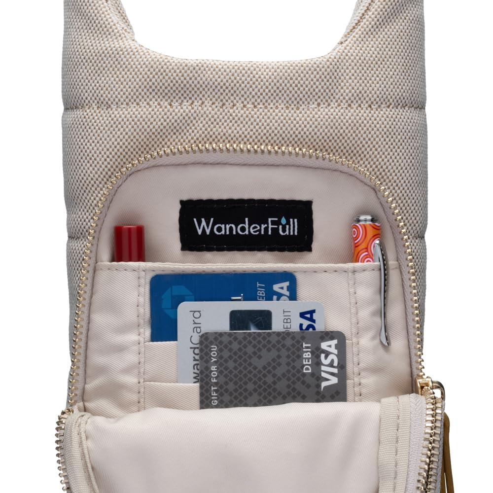 WanderFull Original Crossbody HydroBag | Quilted Water Bottle Carrier & Adjustable Vegan Leather Strap | Canvas Tote with Two Pockets for Phone & Accessories | Carry Travel Essentials (Oatmeal)