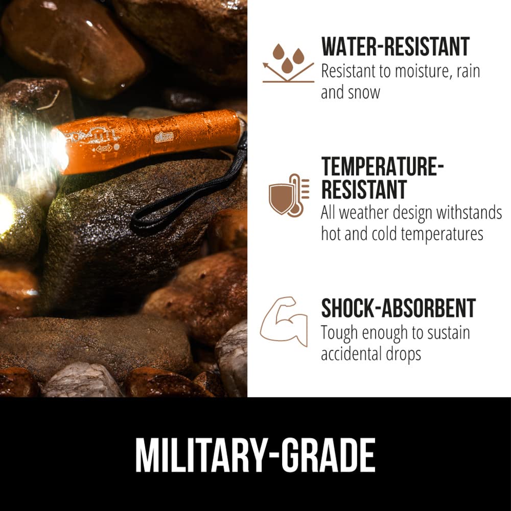 Gorilla Grip Powerful LED 750 FT Water Resistant 5 Adjustable Mode Tactical Flashlight, High Lumens Ultra Bright Battery Life Zoom Flashlights, Small Camping Car Mini Flash Light Accessories, Orange