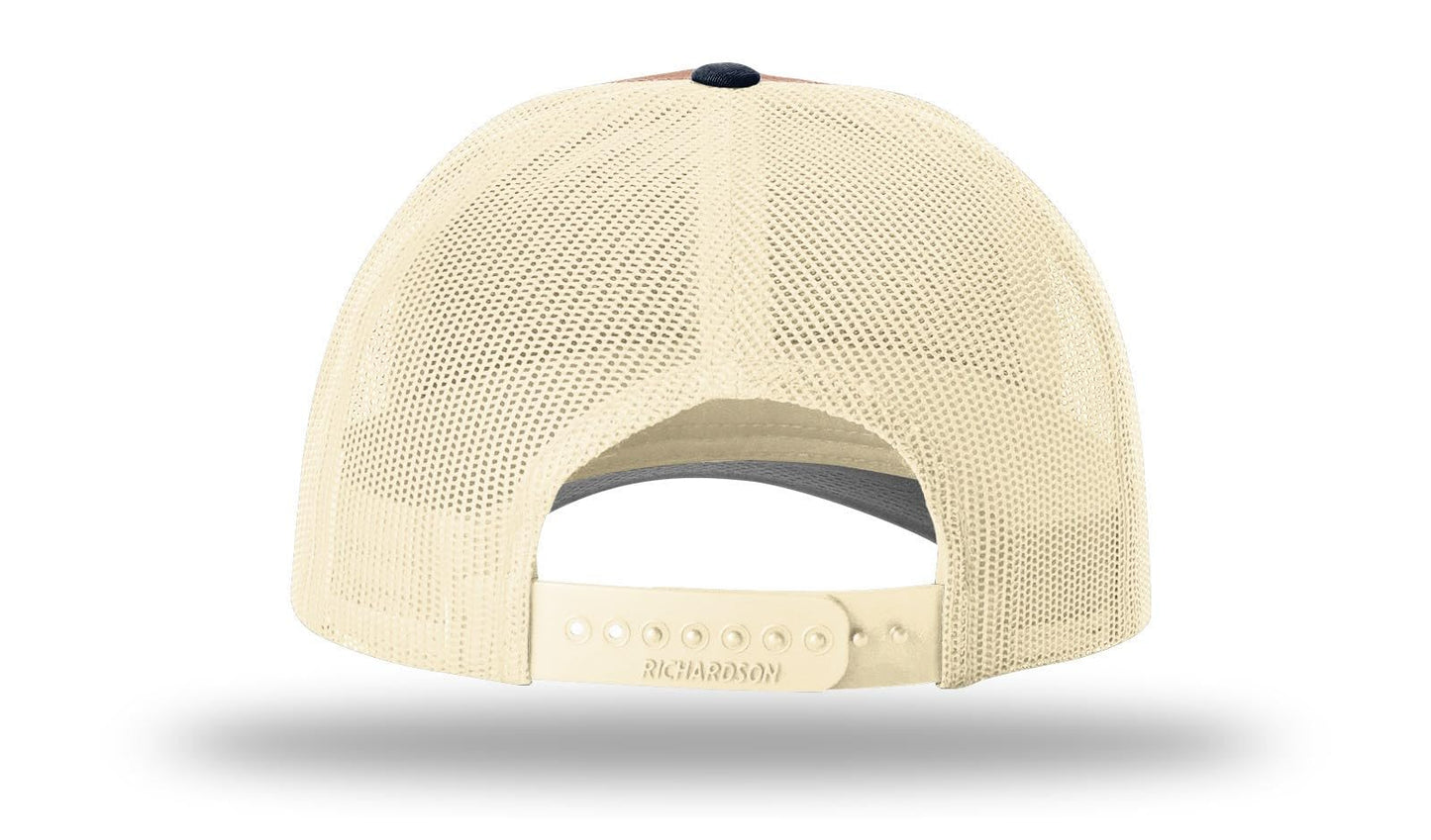 Richardson 115 Low Profile Trucker Hat Snapback Cap Adjustable Baseball Hat Blank Hat Bulk Hats - Dark Orange/Birch/Blue