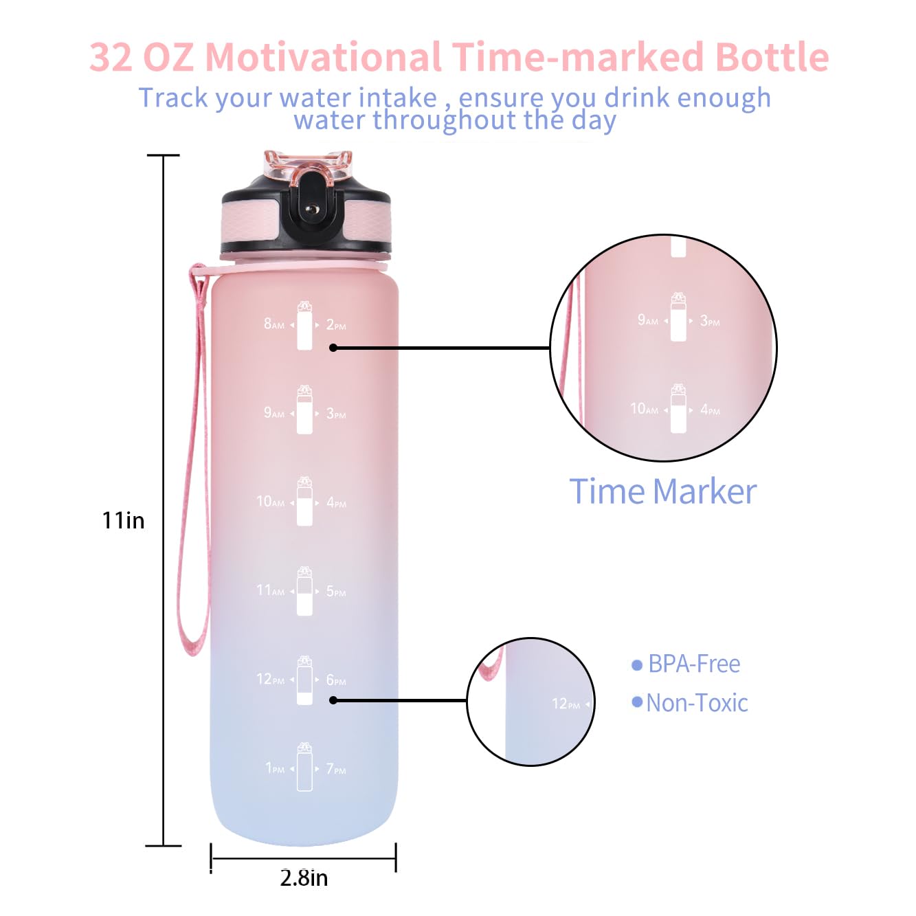 EYQ 32 oz Water Bottle with Time Marker, Carry Strap, Leak-Proof Tritan BPA-Free, Ensure You Drink Enough Water for Fitness, Gym, Camping, Outdoor Sports