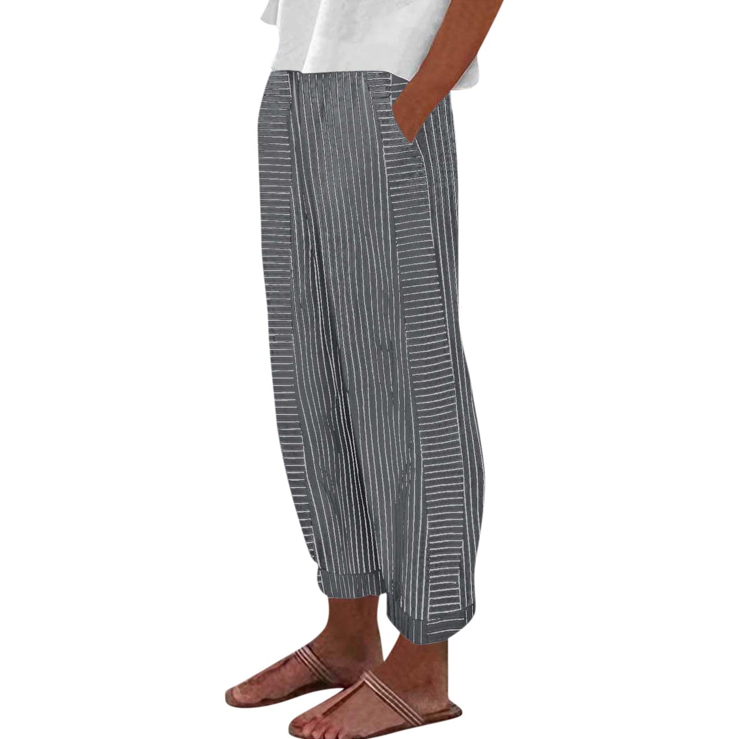 Generic ,Clothes for Women Pants for Women Trendy Womens Capris Summer Striped Linen High Waisted Baggy Trousers Pants Work Wide Legged Women Jogger Pants(Black,M), Medium
