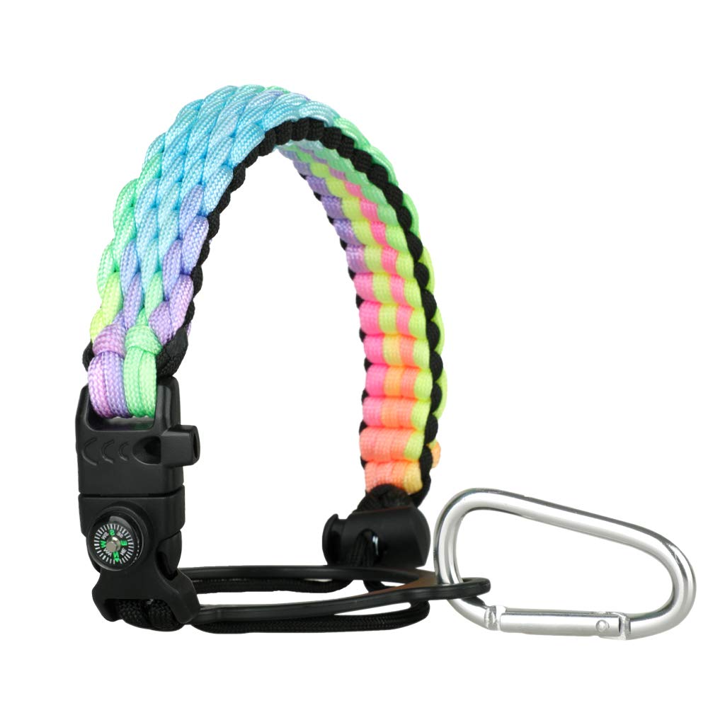 Paracord Handle - Fits Wide Mouth Bottles 12oz to 64oz - Durable Carrier, Paracord Carrier Strap Cord with Safety Ring,Compass and Carabiner - Ideal Water Bottle Handle Strap (Hawaiian Rainbow)