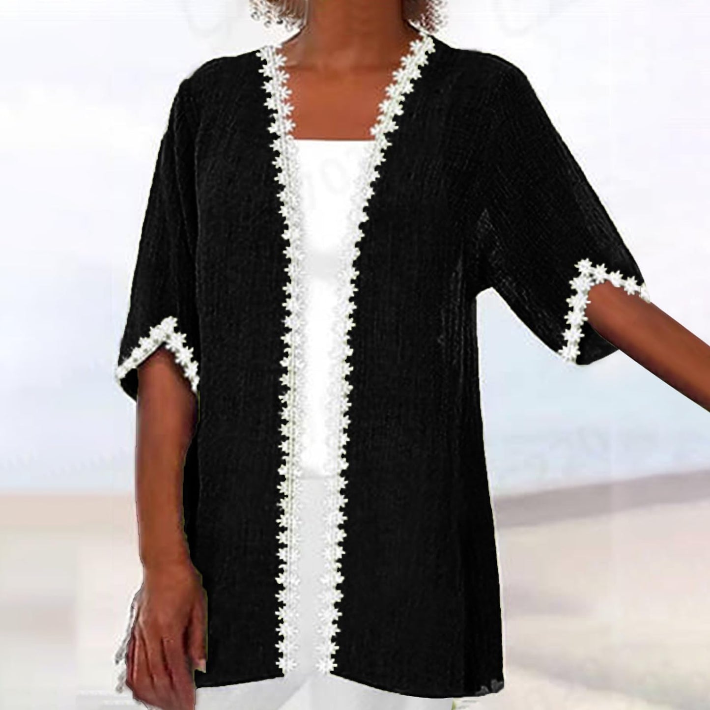 Aboser Chiffon Cover Up Lightweight Cardigans for Women Summer Linen Cardigan Casual Open Front Beach Cover Ups Half Sleeve Kimono Cardigan Today's Deals Clearance Black