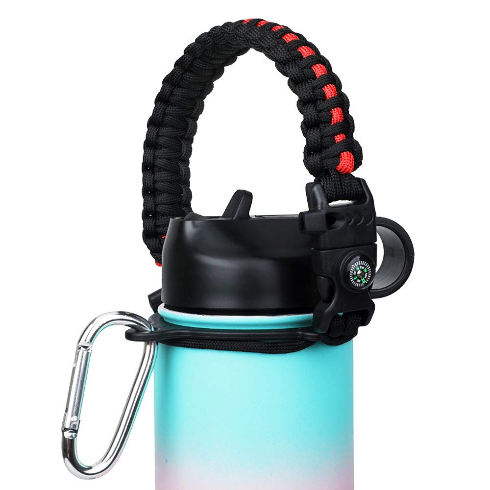WEREWOLVES Paracord Handle - Fits Wide Mouth Bottles 12oz to 64oz - Durable Carrier, Paracord Carrier Strap Cord with Safety Ring,Compass and Carabiner - Ideal Water Bottle Handle Strap (Black/Red)