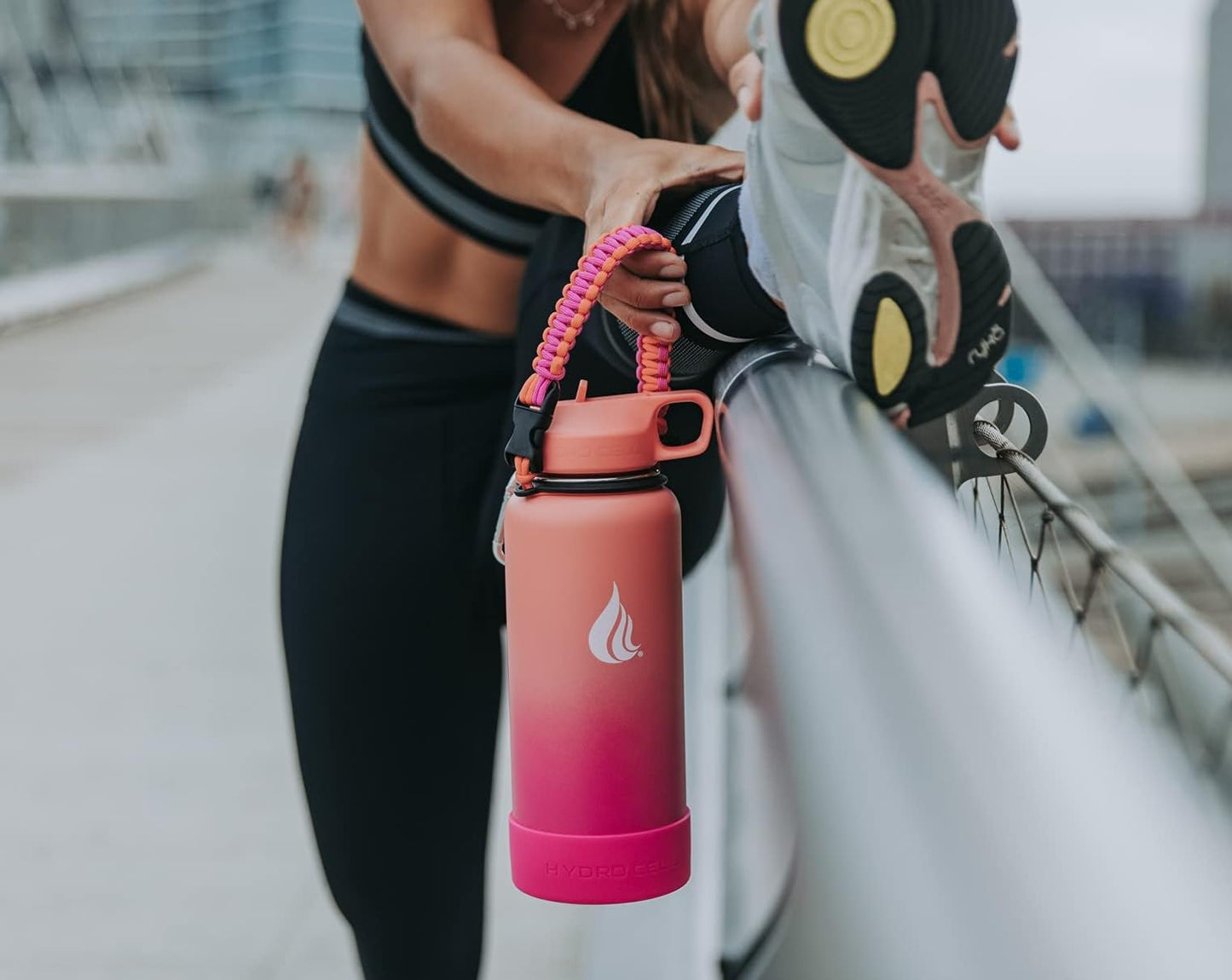 HYDRO CELL Paracord Handle for Wide Mouth Water Bottles - Carrier Strap w/Attachment Ring and Carabiner Accessory. Compatible w/ 64oz, 40oz 32oz, 24oz, 18oz, 14oz Insulated Bottles (Coral/Punch)
