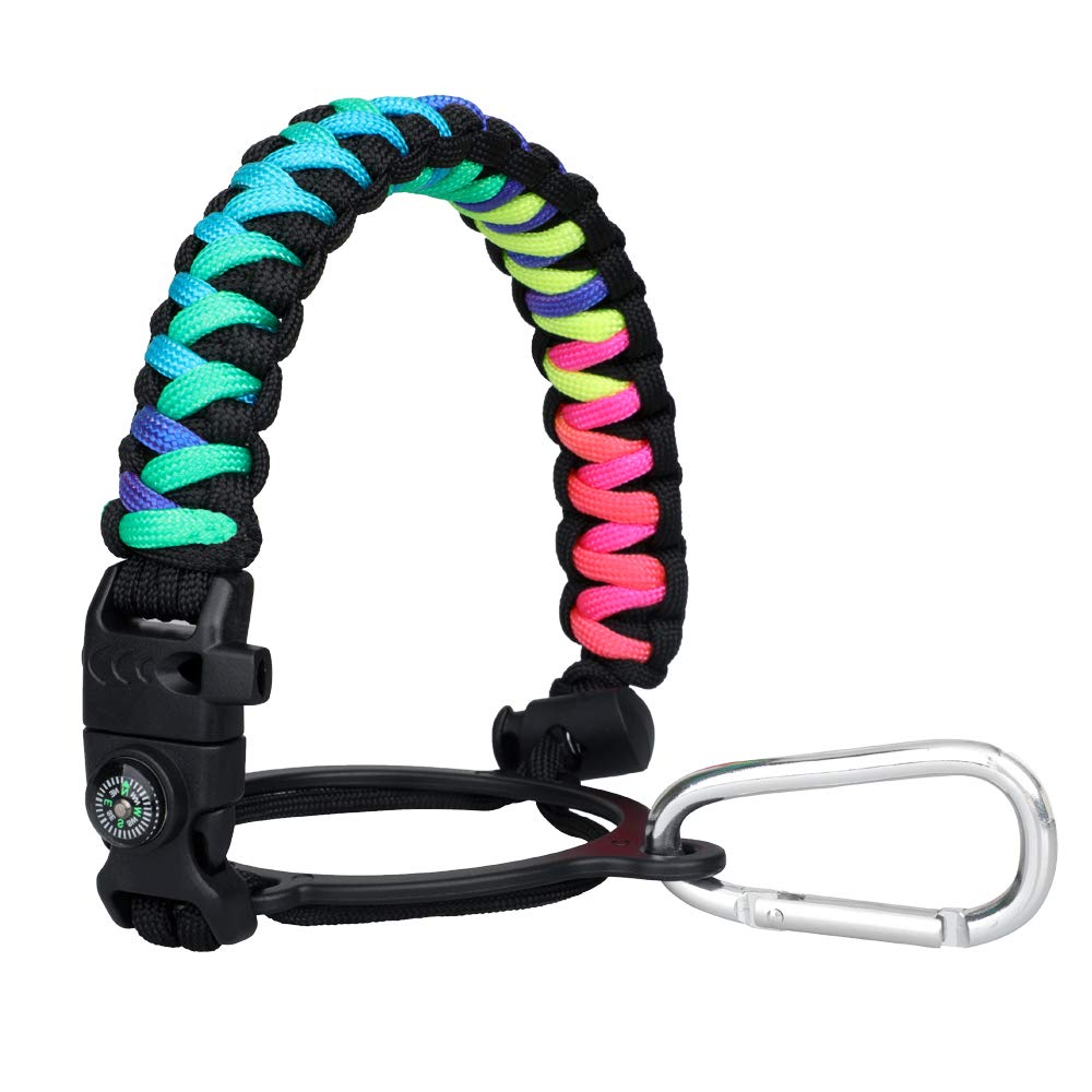 Paracord Handle - Fits Wide Mouth Bottles 12oz to 64oz - Durable Carrier, Paracord Carrier Strap Cord with Safety Ring,Compass and Carabiner - Ideal Water Bottle Handle Strap (Weave Rainbow)