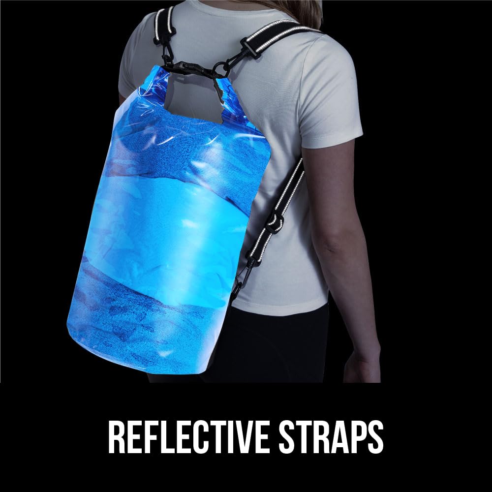 Gorilla Gear Heavy Duty 100% Waterproof IPX 6 Dry Bag, Tear and Puncture Resistant Bags, Kayaking Boating Hiking Camping Swimming Water Sports, Lightweight Outdoor Wet Storage Backpack, 5L Clear Blue