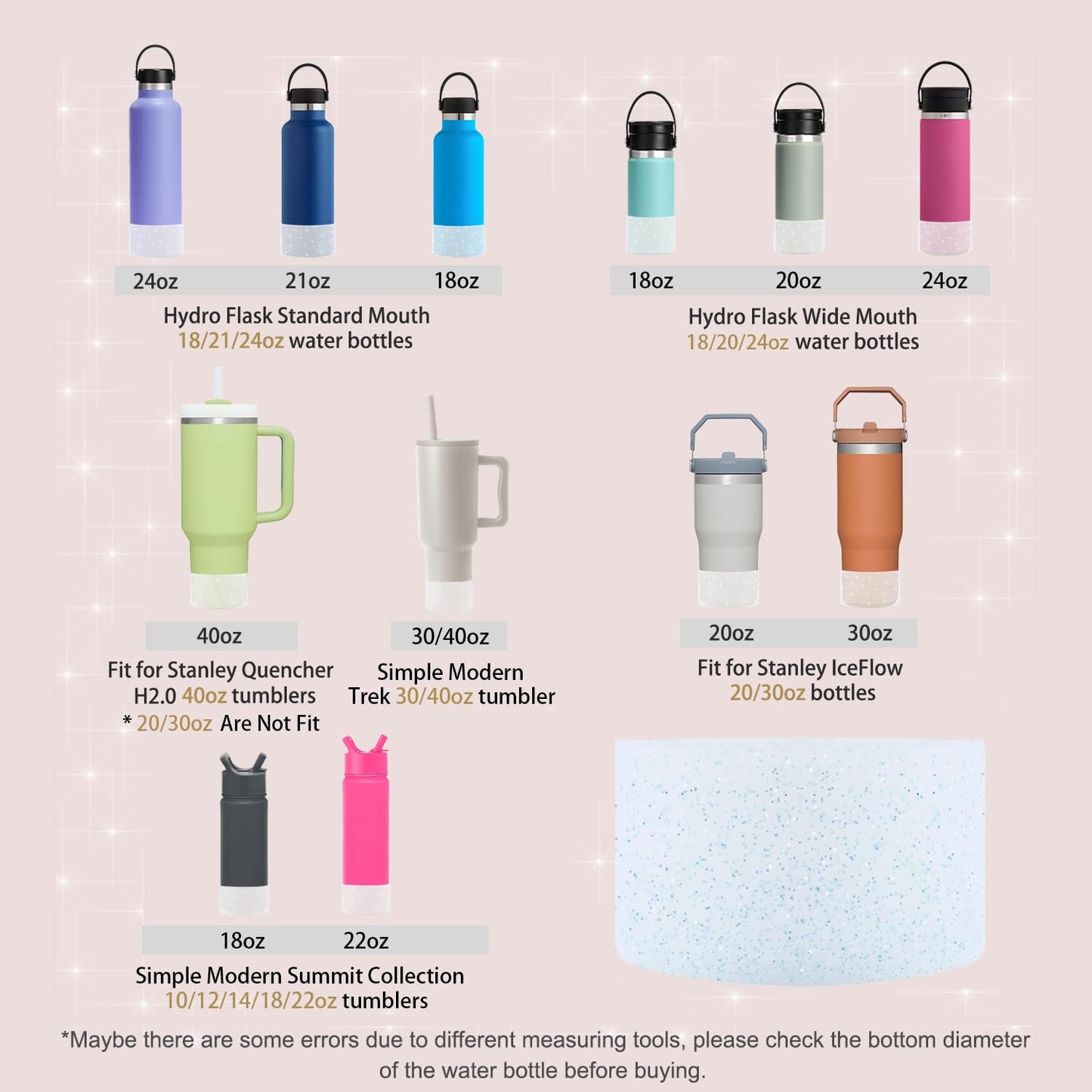 WORBSS Glitter Silicone Boot Sleeve for Stanley Cup H2.0 40oz Accessories & Hydro Flask 18-24oz 2.85-3.0 inch Tumbler Wide Mouth Water Bottle Protector Bottom Sleeve Cover Bumper Best Gifts