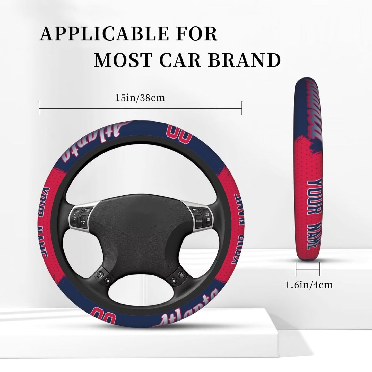 Atlanta Custom Car Steering Wheel Covers,Personalized Name and Number,Anti Slip Elasticity Baseball Car Accessories,Universal 15 Inch Fit Suit for Most Car,SUV,ATV,Truck.