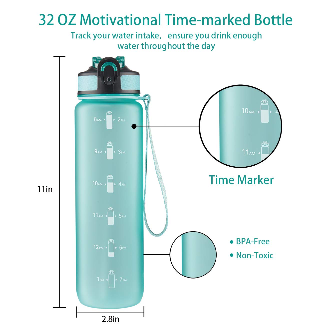 EYQ 32 oz Water Bottle with Time Marker, Carry Strap, Leak-Proof Tritan BPA-Free, Ensure You Drink Enough Water for Fitness, Gym, Camping, Outdoor Sports (Mint Green)