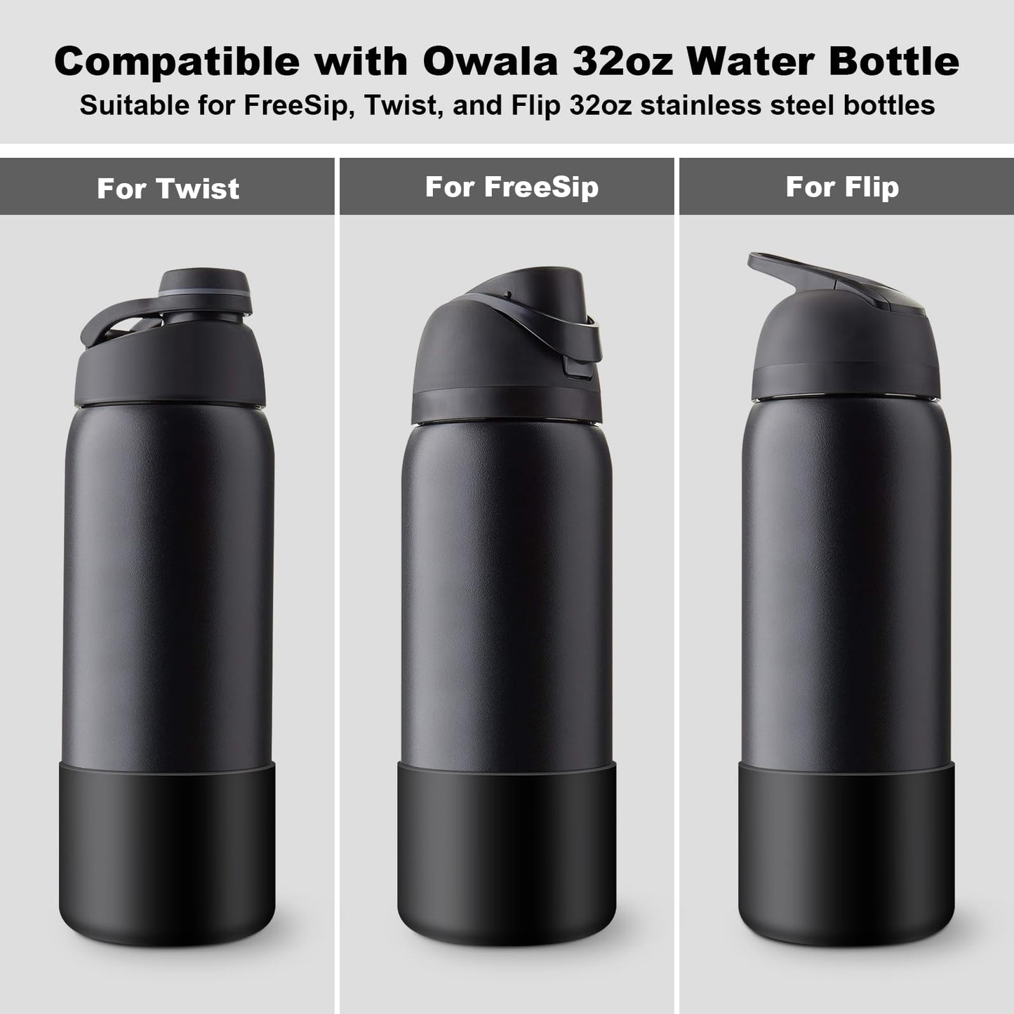 Comheral 2PCS Silicone Water Bottle Boot for Owala 32oz, Anti-Slip Protective Sleeve Bottom Bumper for FreeSip, Twist, and Flip Stainless Steel Bottles, Dishwasher Safe and BPA Free(Black)