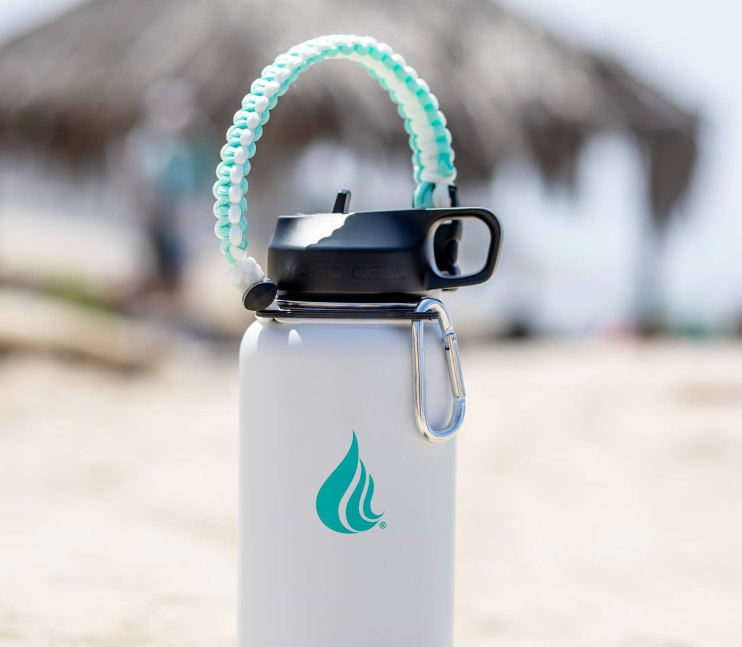 HYDRO CELL Paracord Handle for Wide Mouth Water Bottles - Carrier Strap w/Attachment Ring and Carabiner Accessory. Compatible w/ 64oz, 40oz 32oz, 24oz, 18oz, 14oz Insulated Bottles (Teal/White)