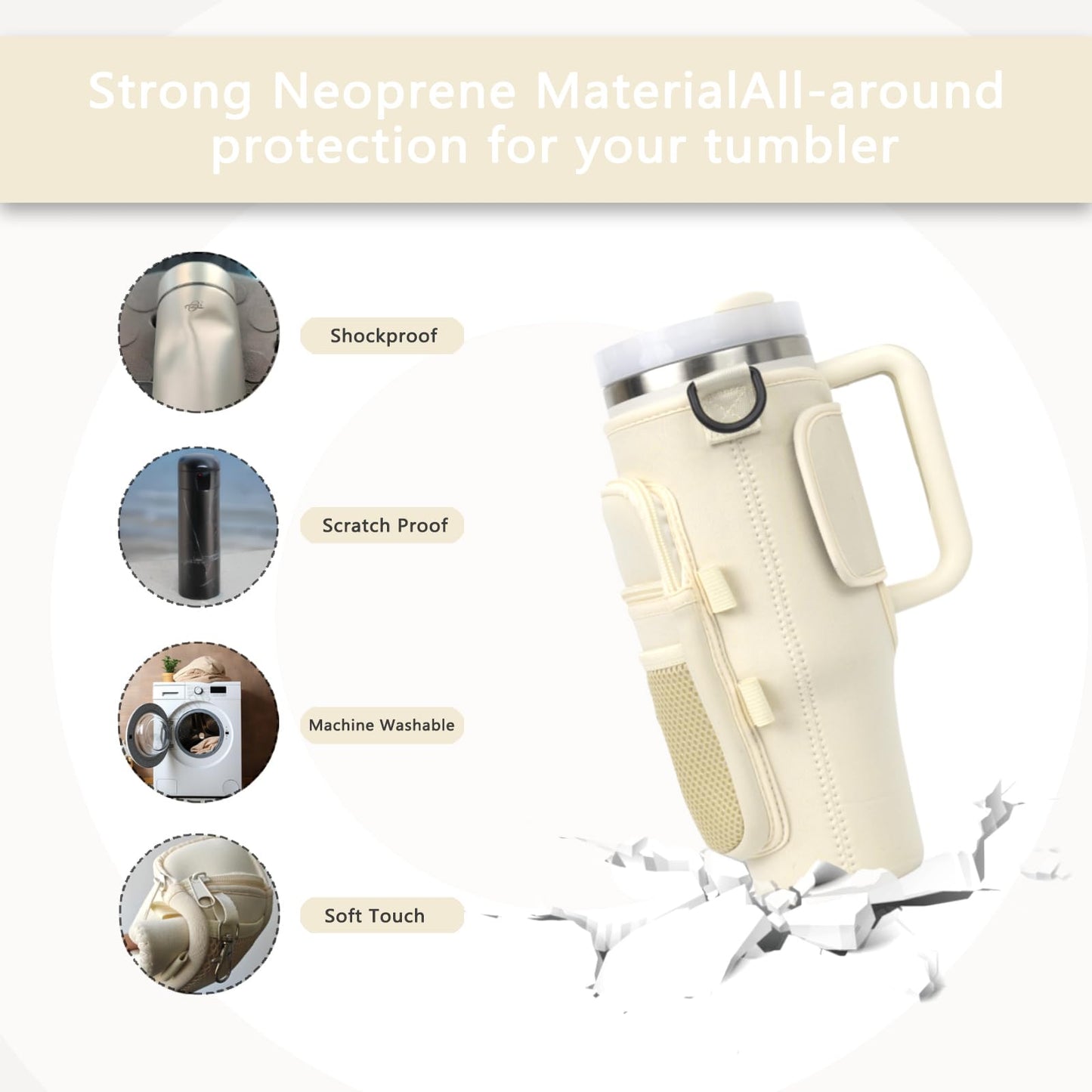 Water Bottle Carrier Bag with Phone Pocket for Stanley 40 oz Tumbler Neoprene Water Bottle Holder Pouch with Straw Toppers with Elastic Band for Holding Straws for Stanley Cup Accessories (Cream)