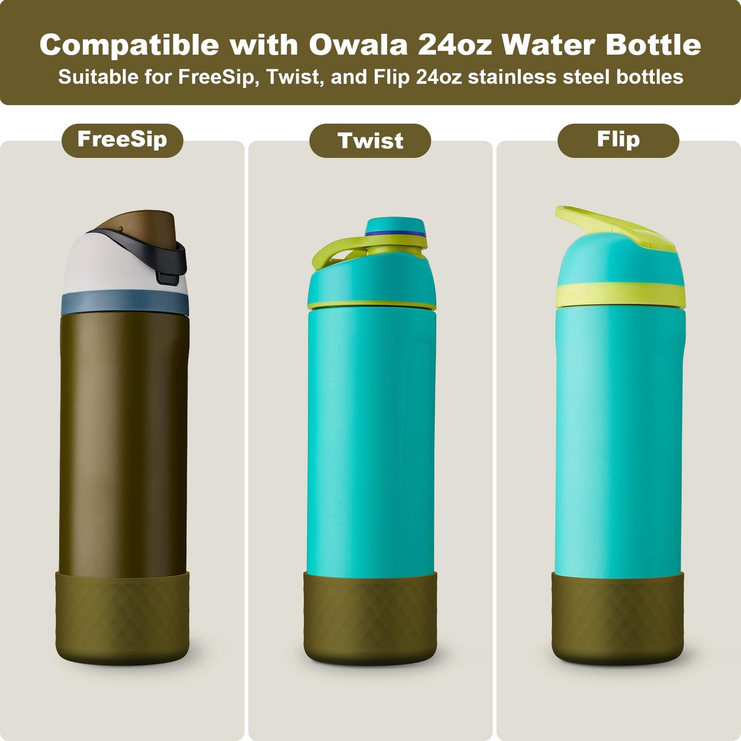 Alwenid 2PCS Silicone Water Bottle Boot for Owala 24 Oz, Anti-Slip Protective Sleeve Bottom Bumper Protector for FreeSip, Twist, and Flip Stainless Steel Water Bottles (Brown Green)