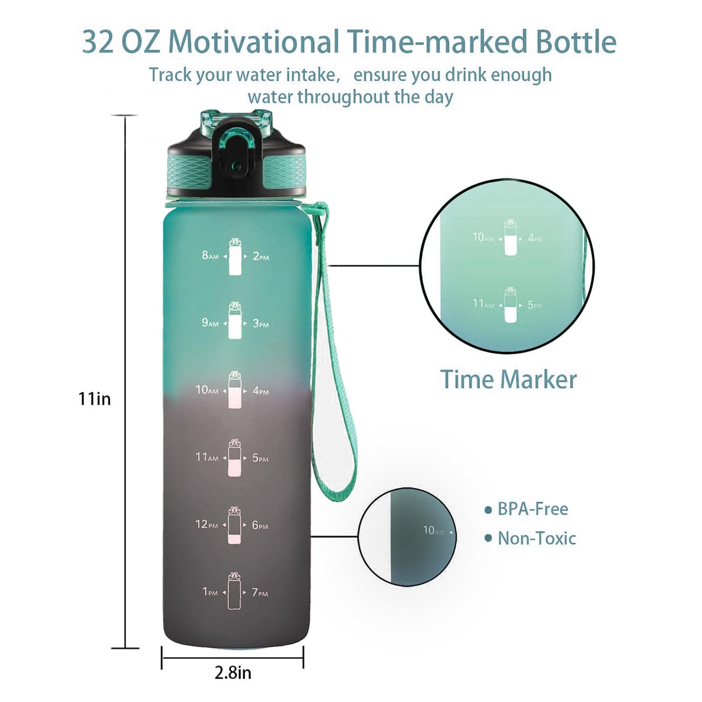 EYQ 32 oz Water Bottle with Time Marker, Carry Strap, Leak-Proof Tritan BPA-Free, Ensure You Drink Enough Water for Fitness, Gym, Camping, Outdoor Sports(green/black)