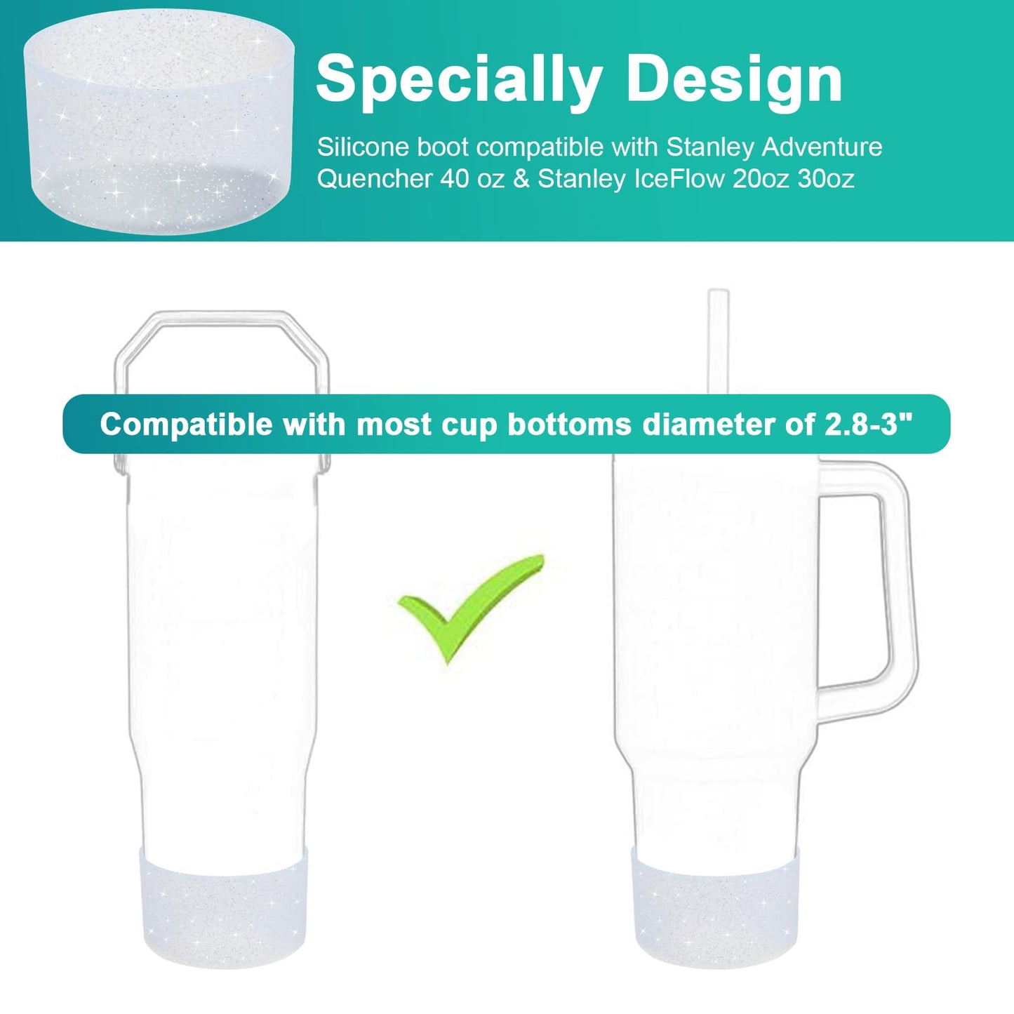 Silicone Cup Boot for 12oz - 40 oz Hydroflask &Stanley 40oz Protective Cup Bottom Sleeve Compatible with Stanley Cup Accessories for All Water Bottles Bottom Diameter of 2.84-3in (Sparkle Silver)