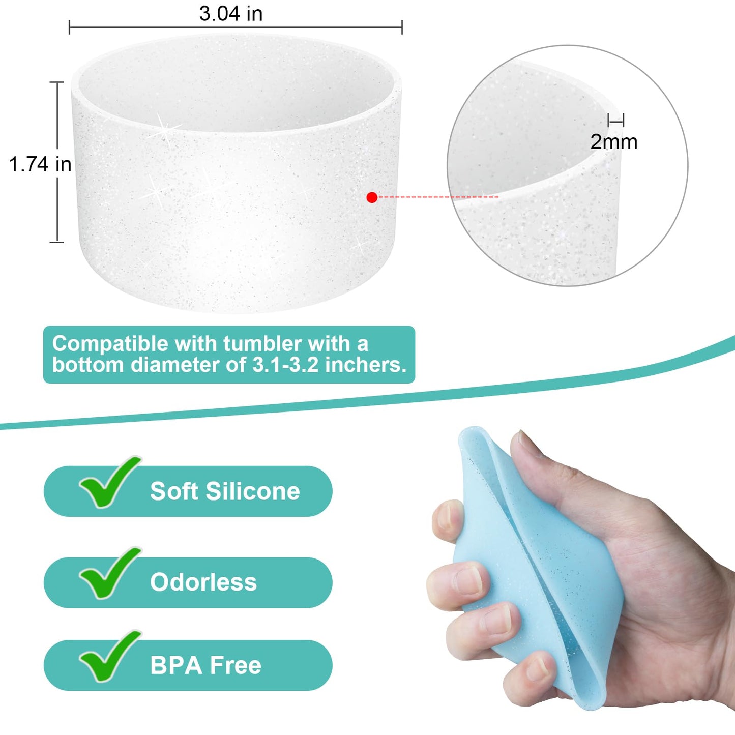 Upgrade 2PCS Protective Silicone Boot Bumper for Stanley Quencher Adventure 40oz 30oz IceFlow 20oz 30oz Tumbler, Water Bottle Bottom Sleeve Cover Accessories for Stanley Mug Cup(Glitter Silver)