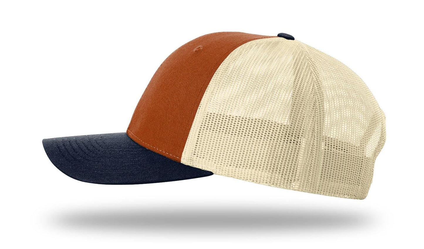 Richardson 115 Low Profile Trucker Hat Snapback Cap Adjustable Baseball Hat Blank Hat Bulk Hats - Dark Orange/Birch/Blue