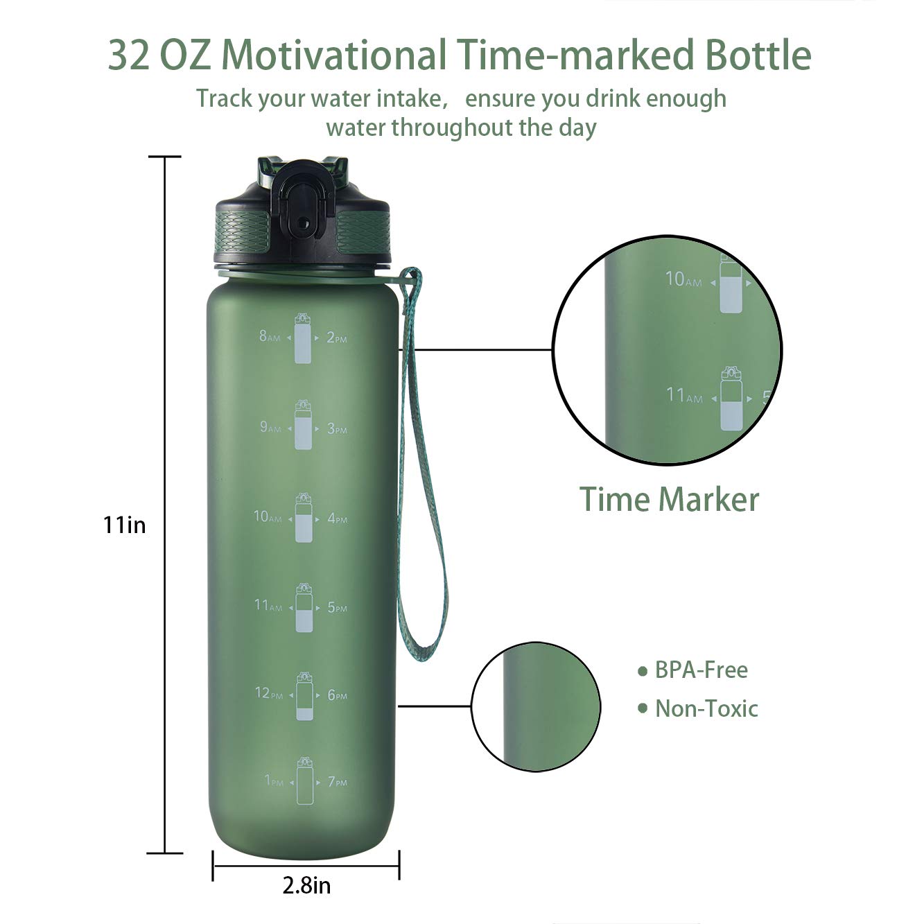 EYQ 32 oz Water Bottle with Time Marker, Carry Strap, Leak-Proof Tritan BPA-Free, Ensure You Drink Enough Water for Fitness, Gym, Camping, Outdoor Sports (Hunter Green)