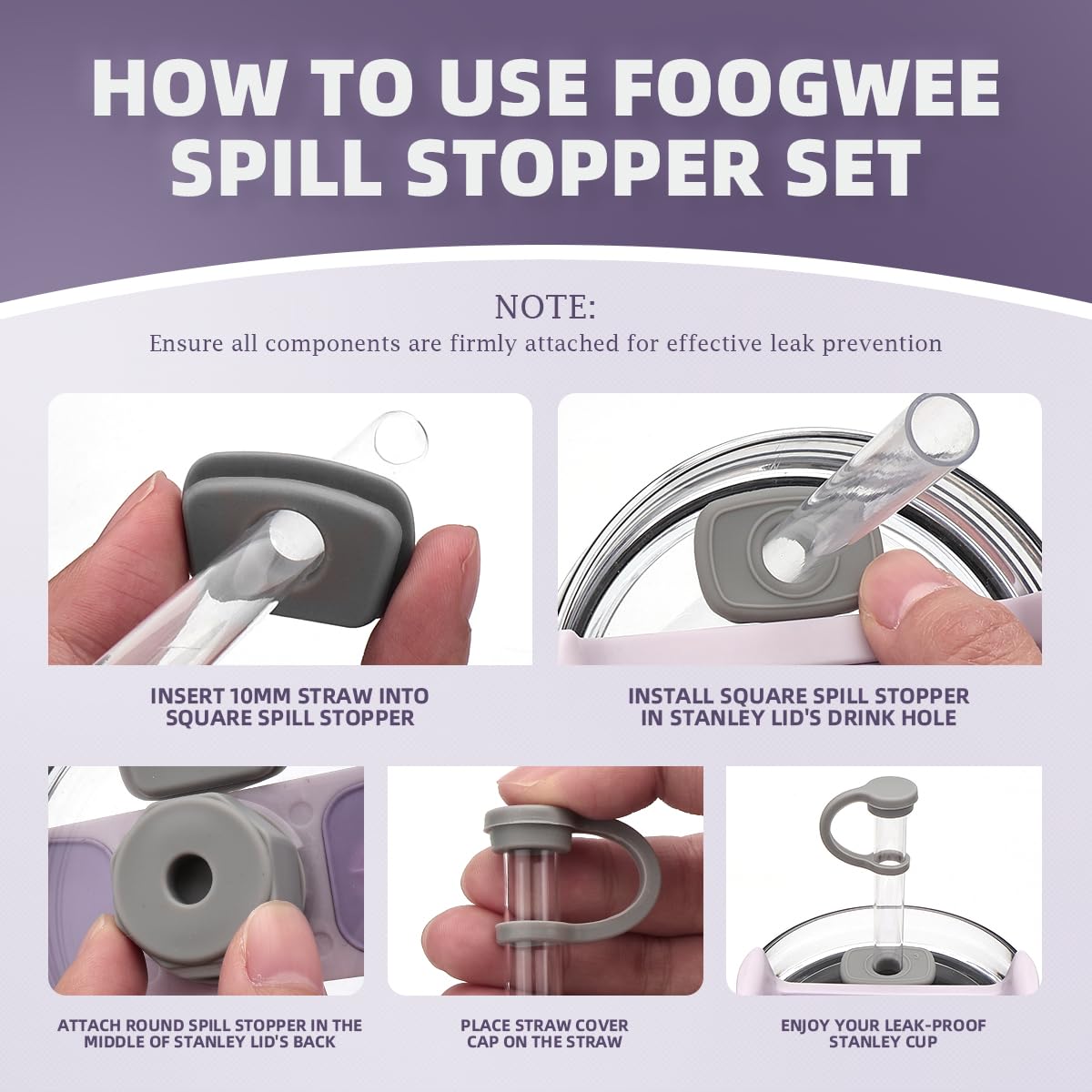 Silicone Spill Stopper Sets for Stanley 40/30 oz Quencher H2.0&1.0 Tumbler with Handle, Cup Accessories with Straw Cover Caps, Leak Stoppers(6Pcs Version 1.0&2.0) (Charcoal)