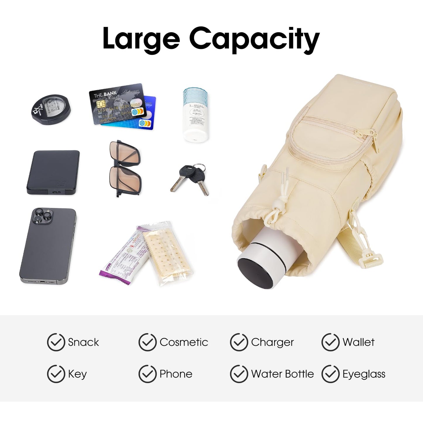 sportsnew Water Bottle Holder with Strap 32oz 40oz Insulated Water Bottle Carrier Sling Bag with Phone Pocket Water Bottle Sleeve for Walking Hiking, Beige, Patent Pending