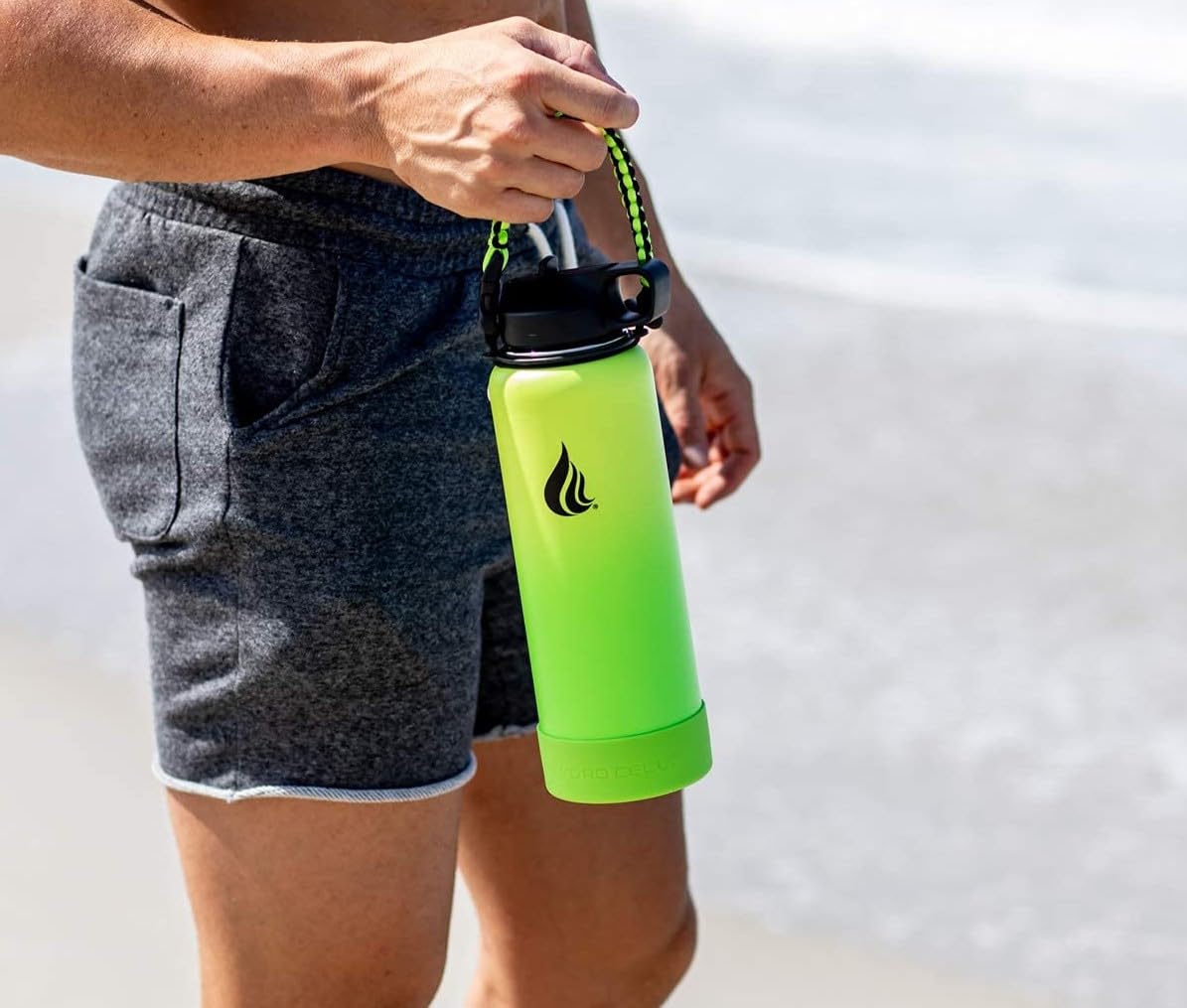 HYDRO CELL Paracord Handle for Wide Mouth Water Bottles - Carrier Strap w/Attachment Ring and Carabiner Accessory. Compatible w/ 64oz, 40oz 32oz, 24oz, 18oz, 14oz Insulated Bottles (Neon/Black)