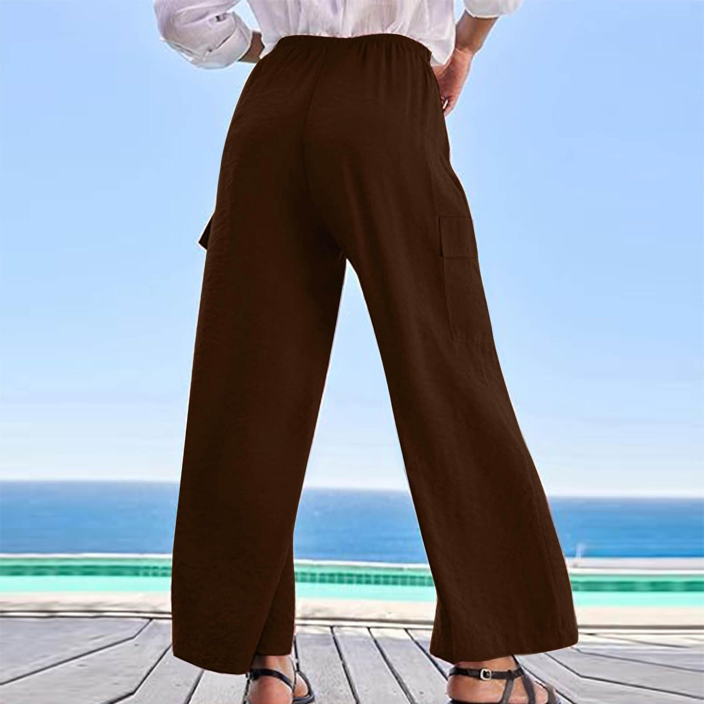 Turilly Women's Pants Baggy Loose Wide Leg Comfy Soft Pants Casual Drawstring Elastic Waisted Work Pants with Side Pockets Brown
