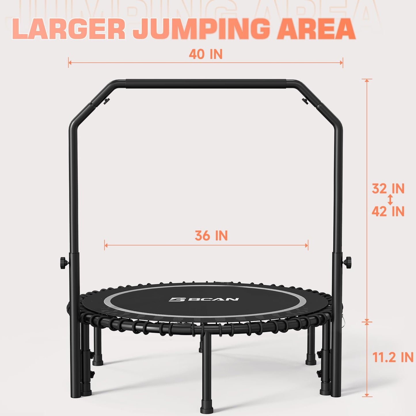 BCAN 450 LBS Foldable Mini Trampoline, 40" Fitness Trampoline with Adjustable Handle Bar, Bungees, Stable & Quiet Exercise Rebounder for Kids Adults Indoor/Garden Workout-Silver