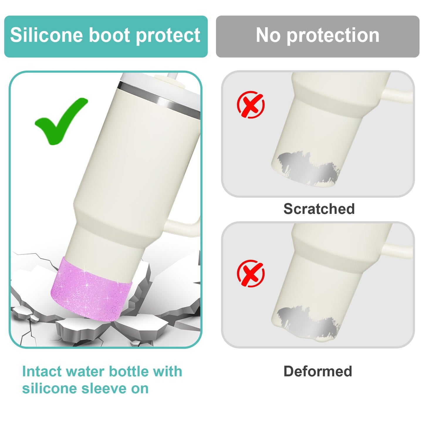 Upgrade 2PCS Protective Silicone Boot Bumper for Stanley Quencher Adventure 40oz 30oz IceFlow 20oz 30oz Tumbler, Water Bottle Bottom Sleeve Cover Accessories for Stanley Mug Cup(Glitter Purple)