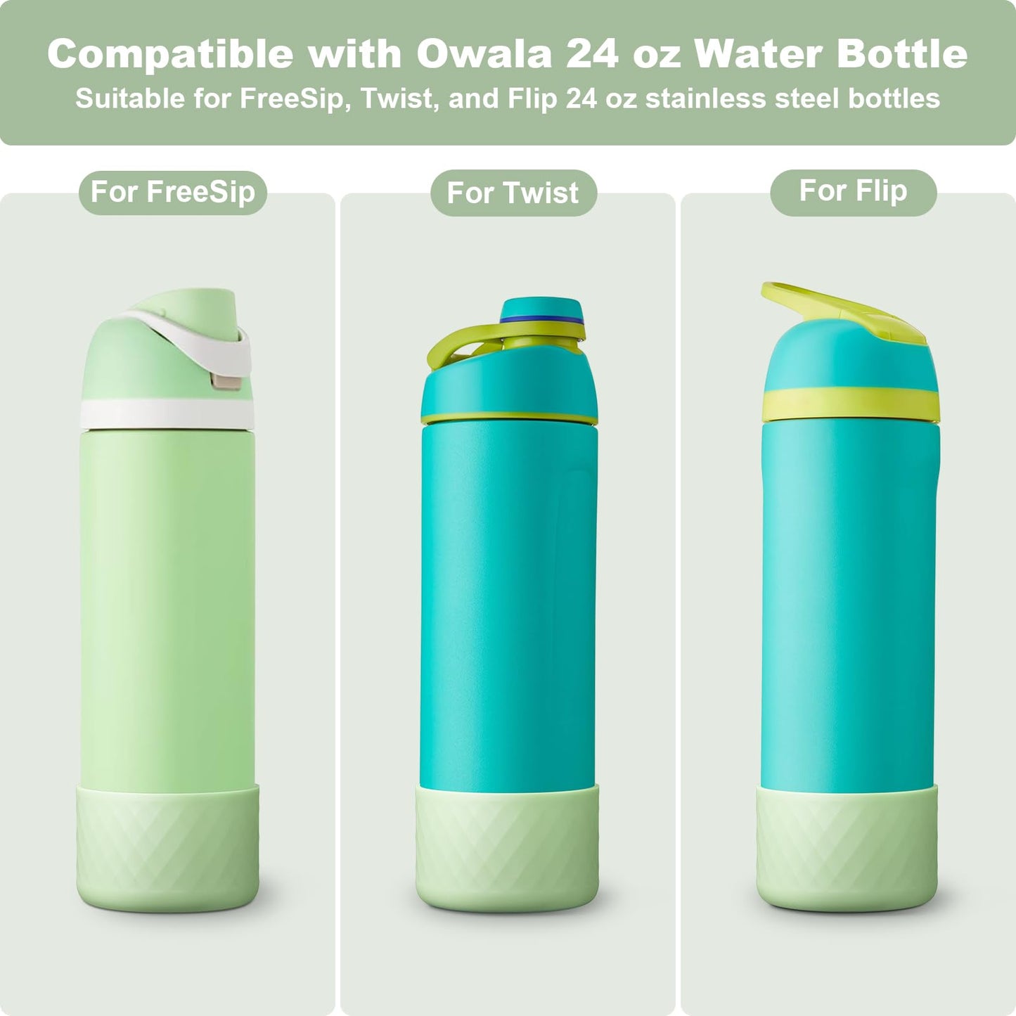 Alwenid 2PCS Silicone Water Bottle Boot for Owala 24 Oz, Anti-Slip Protective Sleeve Bottom Bumper Protector for FreeSip, Twist, and Flip Stainless Steel Water Bottles (Light Green)